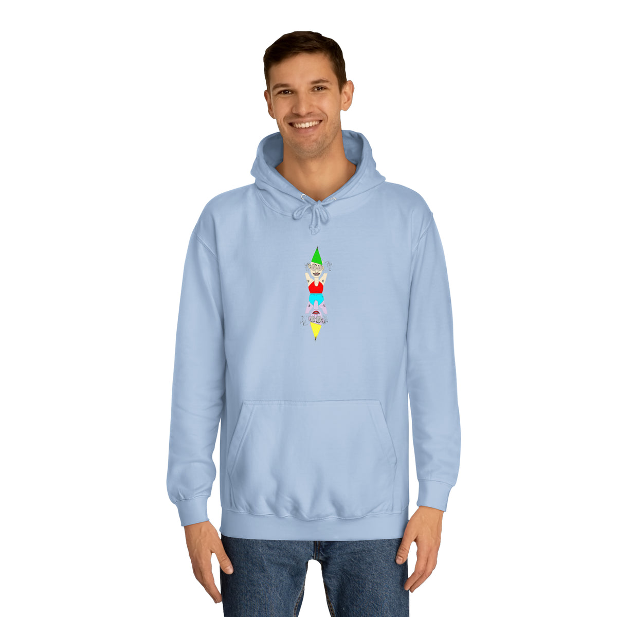 Man wearing the light blue Party Favor unisex graphic hoodie front view