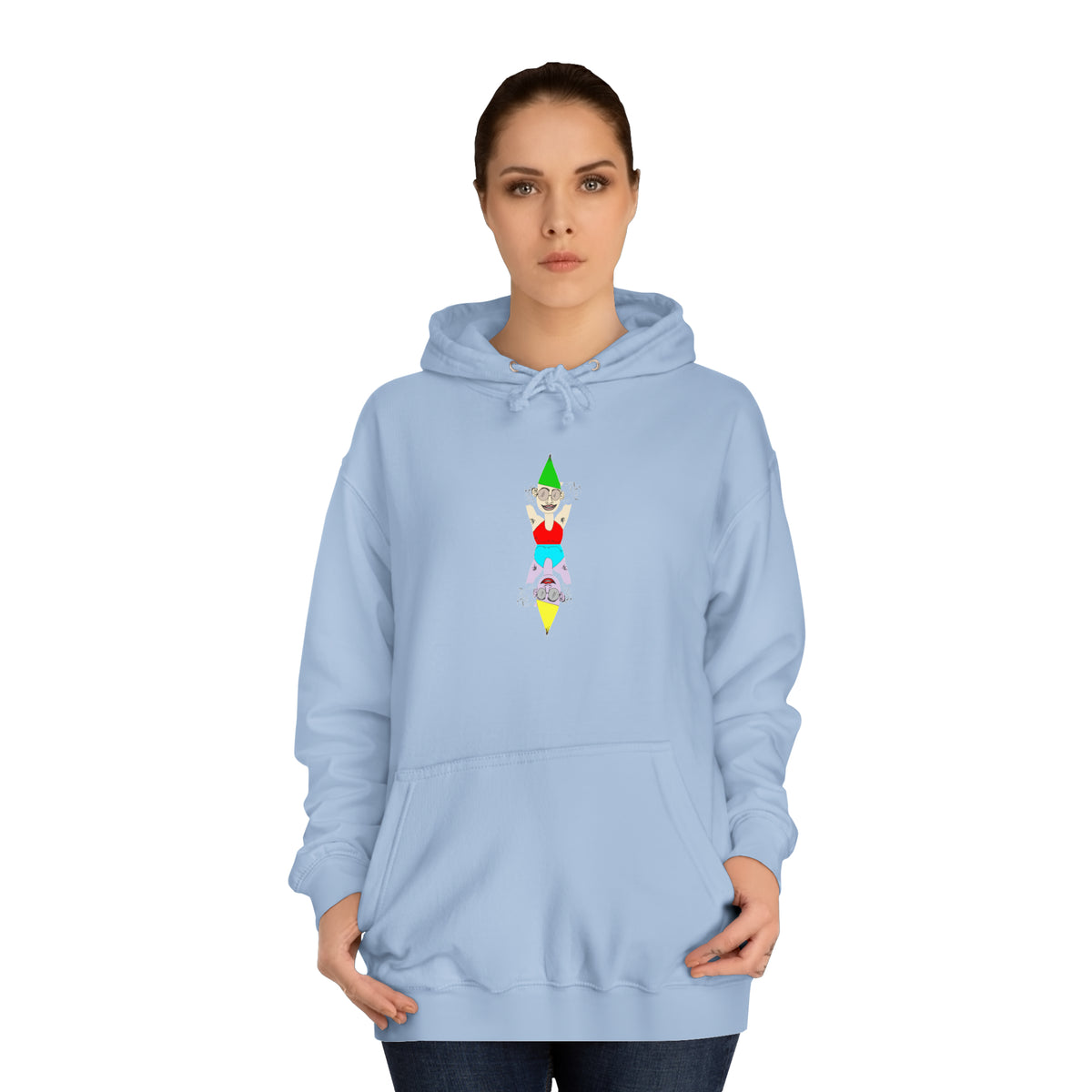 Woman wearing the light blue Party Favor graphic hoodie with original chest artwork