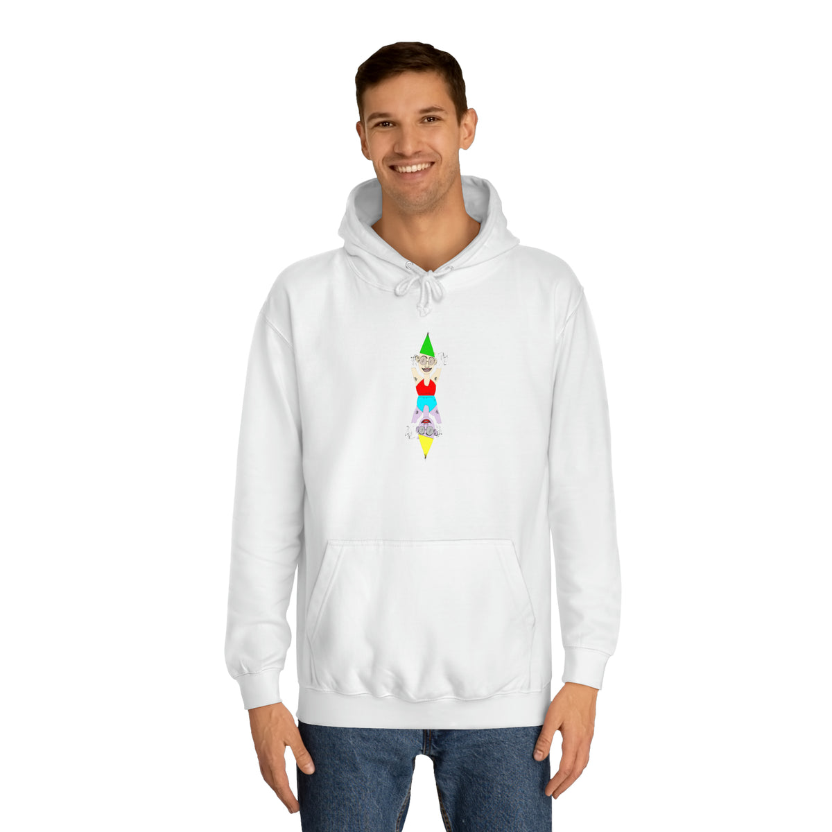 Man wearing the white Party Favor unisex graphic hoodie with colorful chest artwork