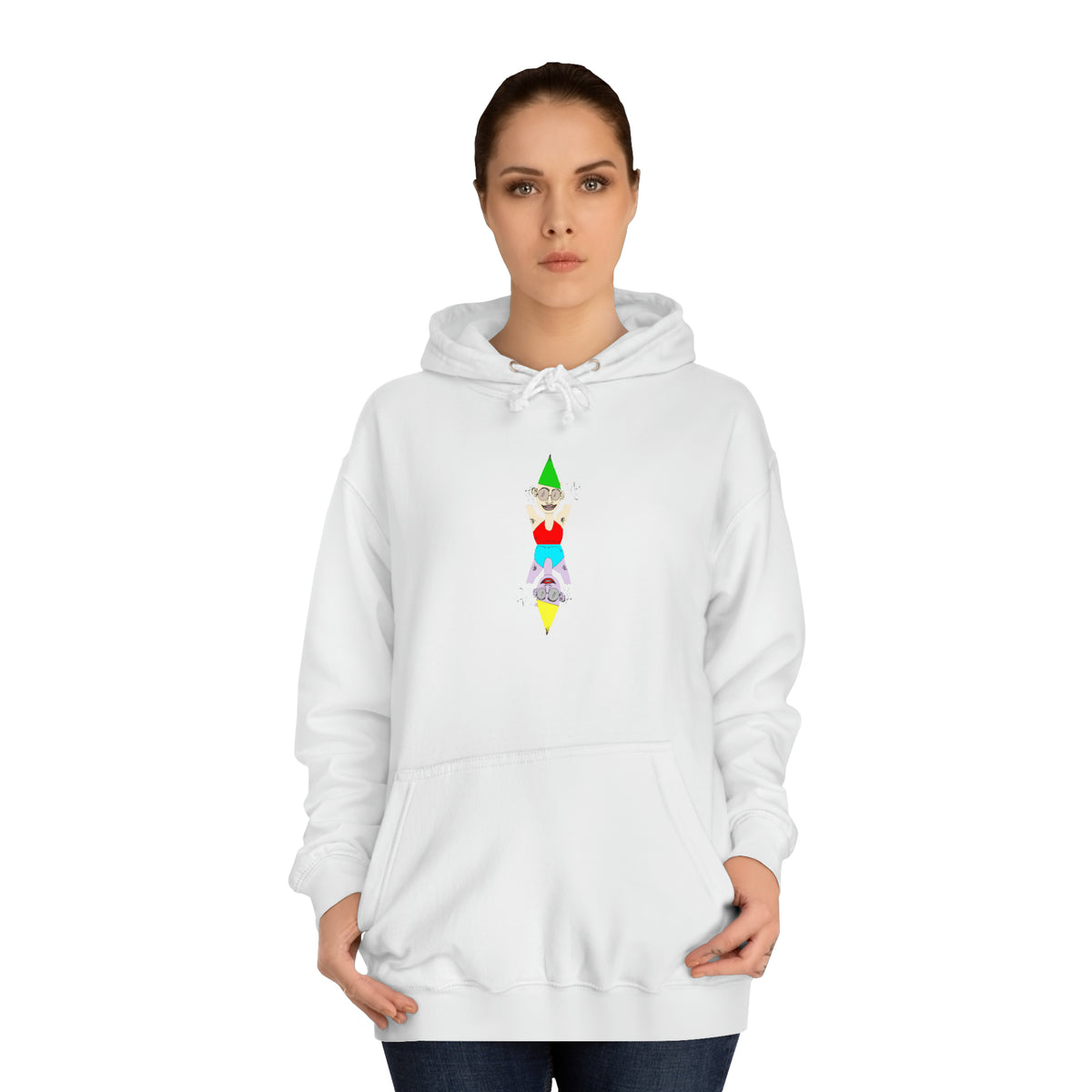 Woman wearing the white Party Favor graphic hoodie front view