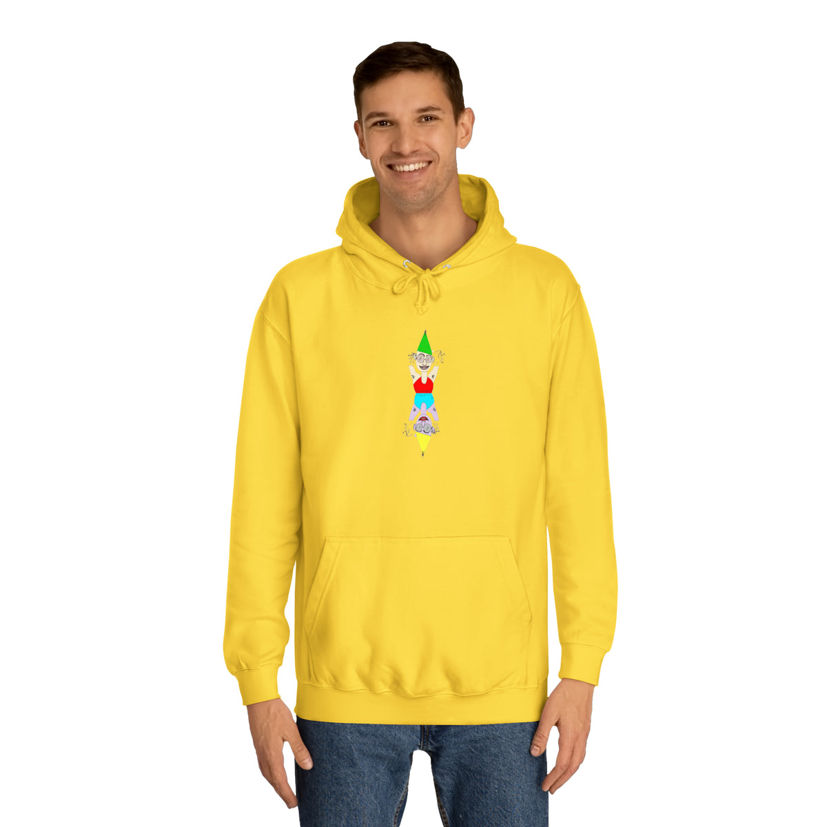 Man wearing the yellow Party Favor graphic hoodie front view