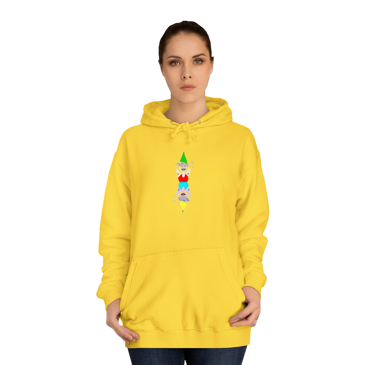 Woman wearing the yellow Party Favor unisex graphic hoodie front view