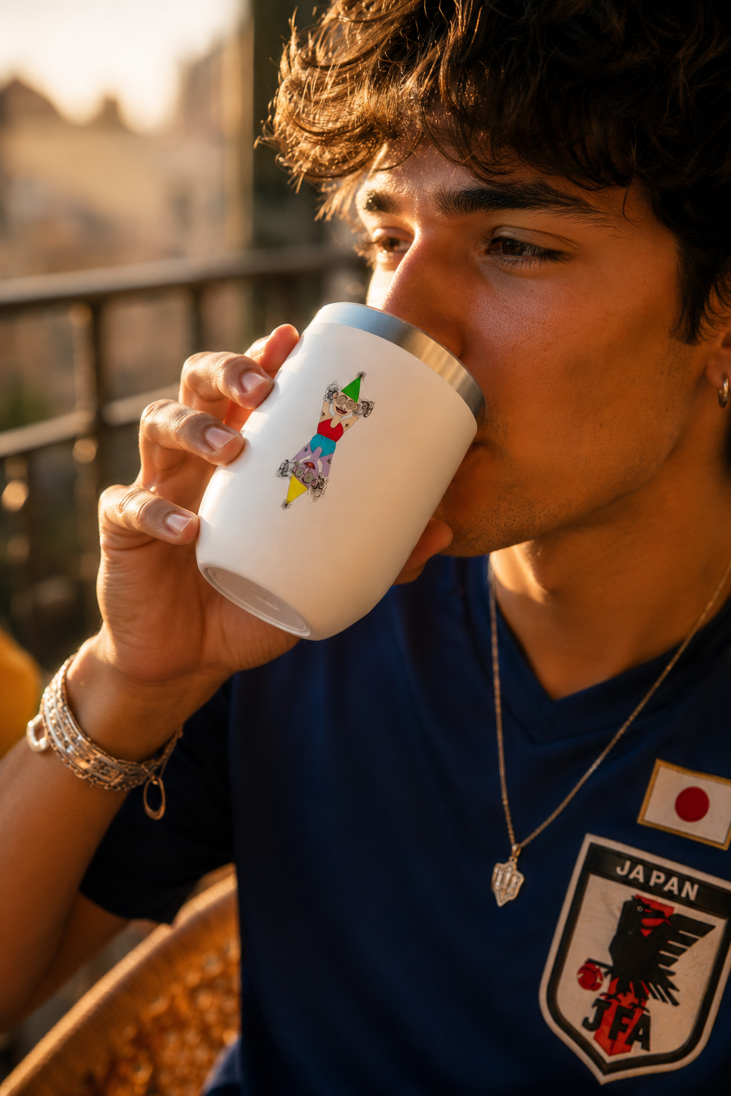 Young man drinking from the Party Favor insulated stainless steel wine tumbler