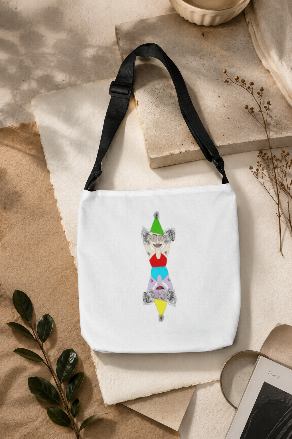Party Favor original art adjustable tote bag from the Sketchbook Collection in a neutral flat lay