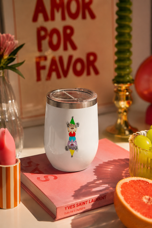 Party Favor original art stainless steel wine tumbler styled on a colorful tabletop
