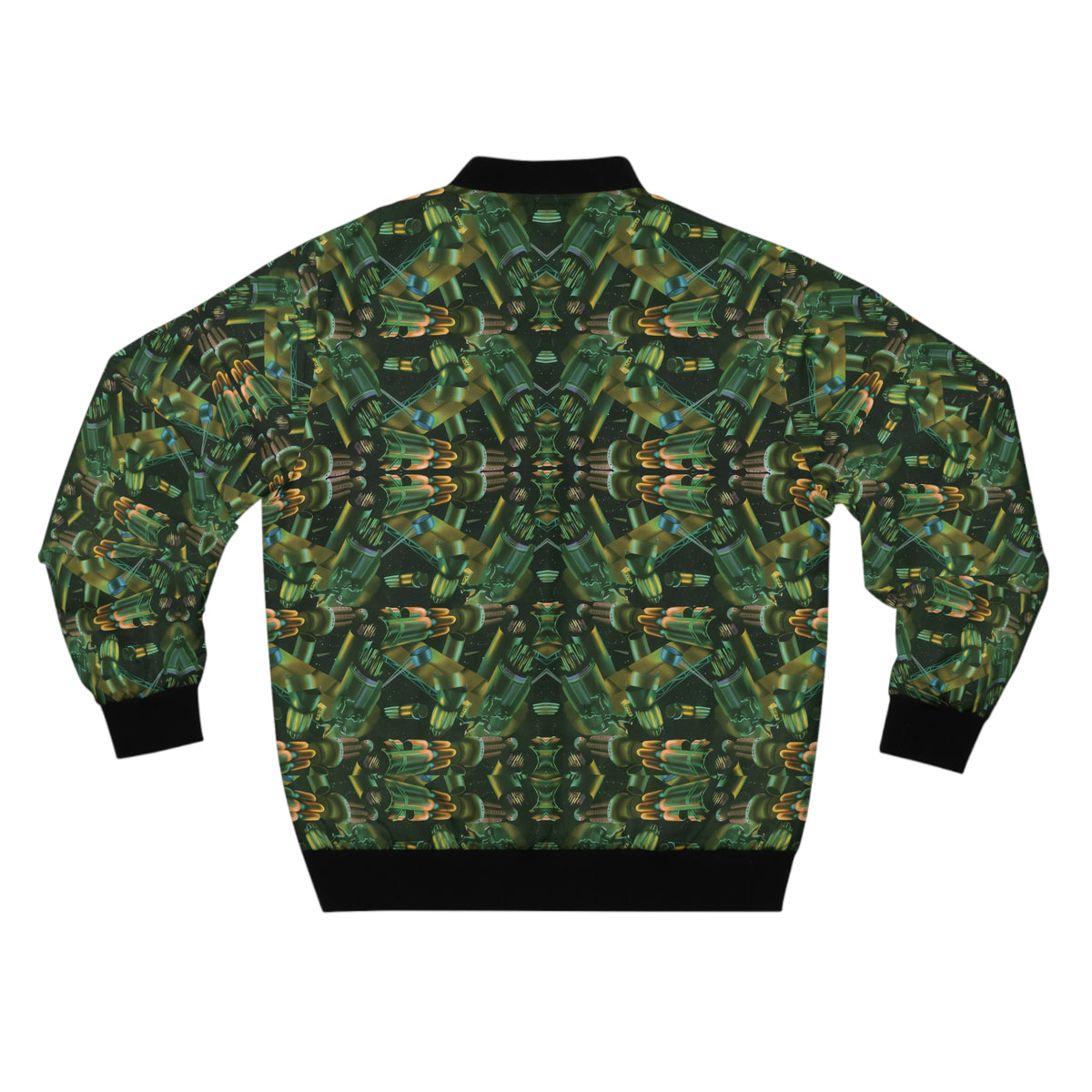 Back view of the Passengers Men’s Bomber Jacket with green all-over pattern and black trim
