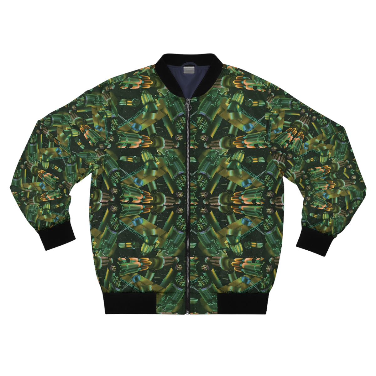 Front view of the Passengers Men’s Bomber Jacket with green all-over pattern and black trim