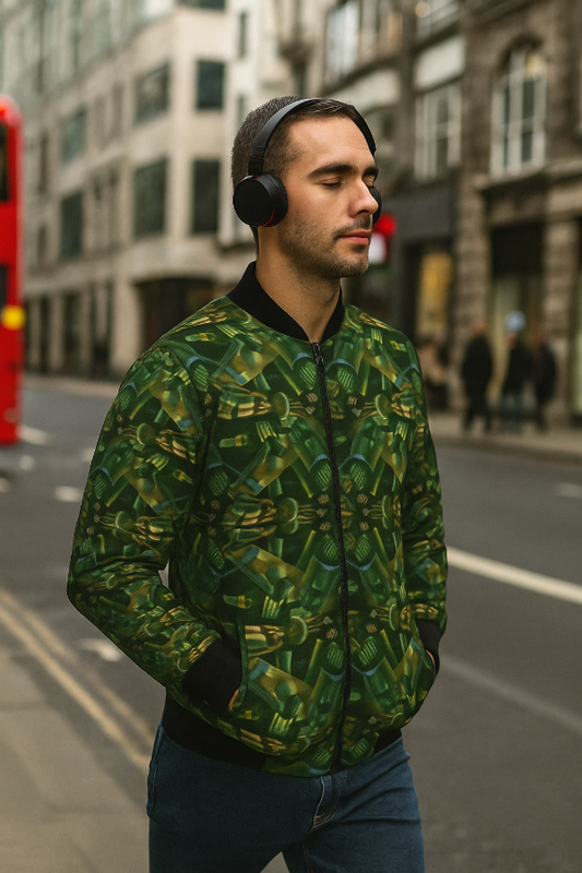 Man wearing the Passengers Men’s Bomber Jacket with green all-over pattern in an urban street setting