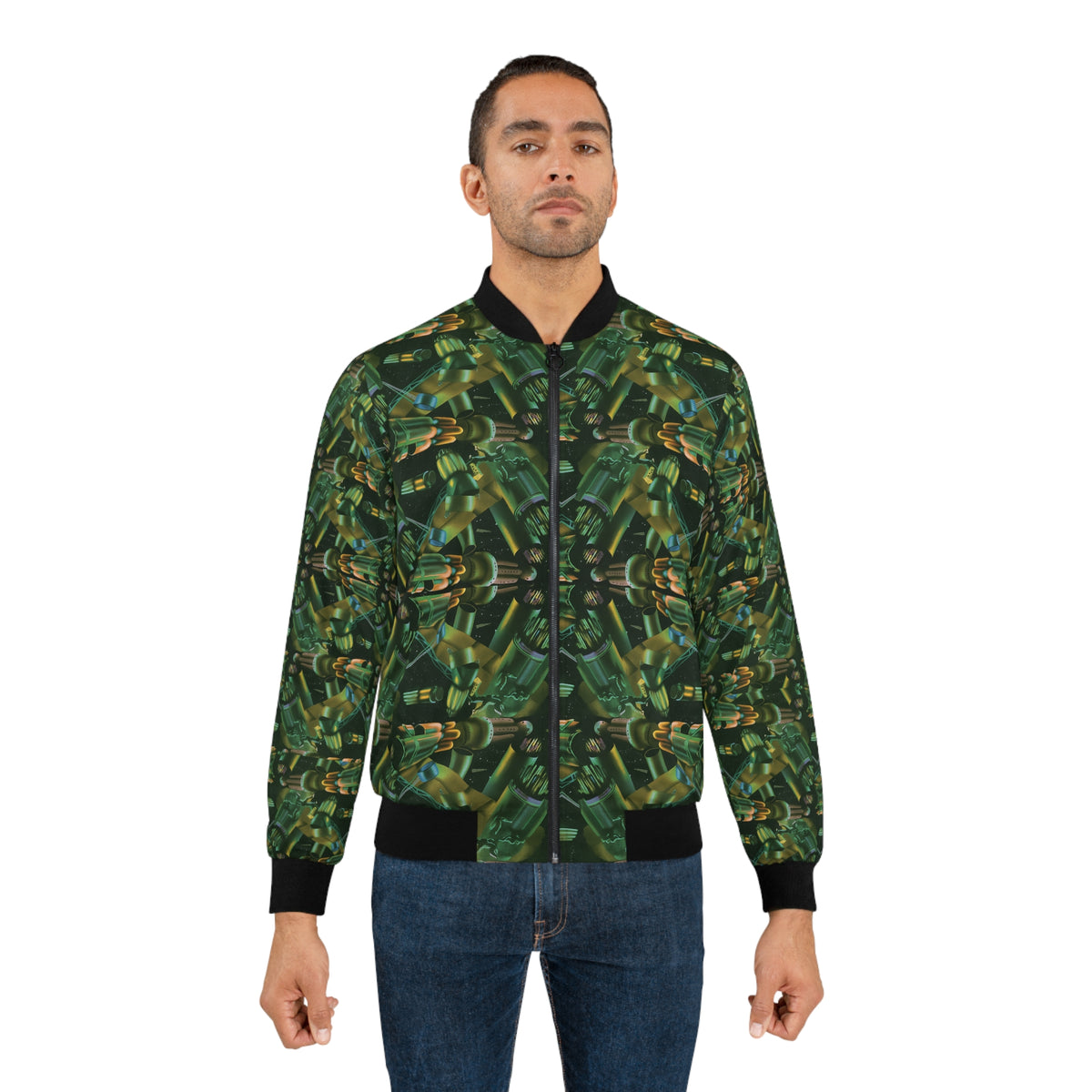 Male model wearing the Passengers Men’s Bomber Jacket with green all-over pattern