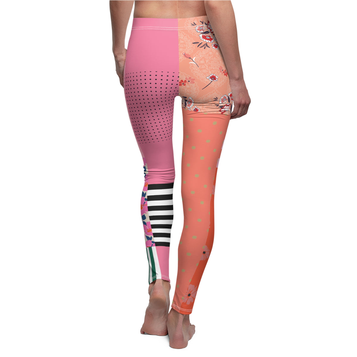 Back view of Patchwork Flowers leggings with pink polka dots, peach florals, coral panels, and black-and-white calf stripes.