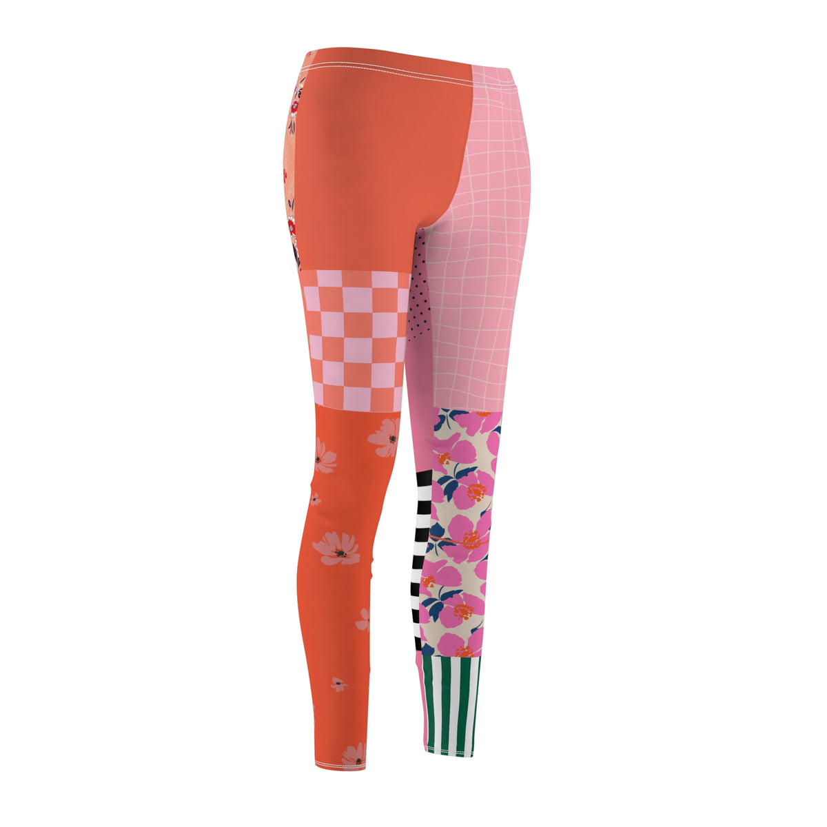 Patchwork Flowers Women’s Leggings back product view with mixed floral and geometric patchwork print