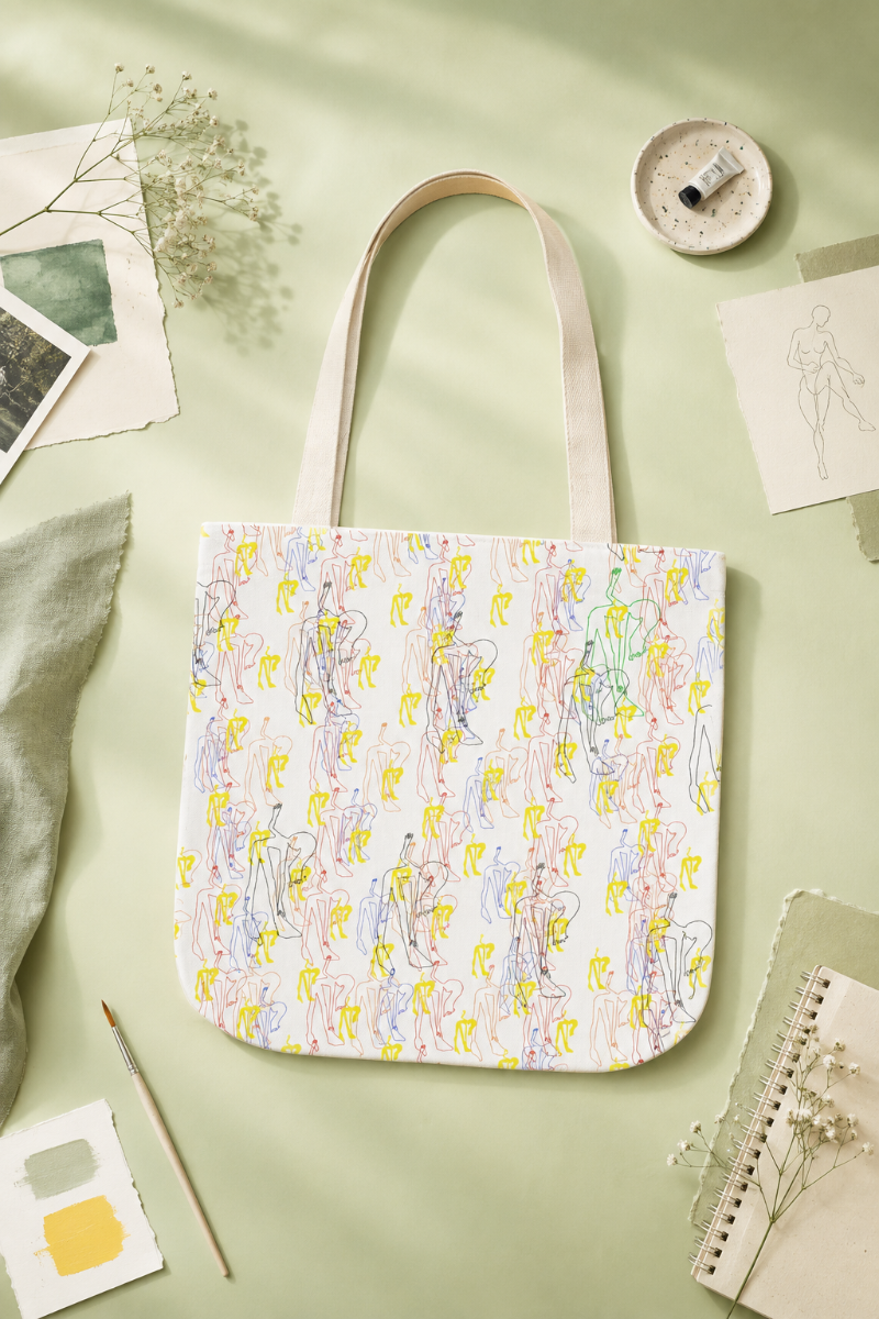 Patsy abstract art tote bag with colorful hand-drawn figure print in pastel green flat lay