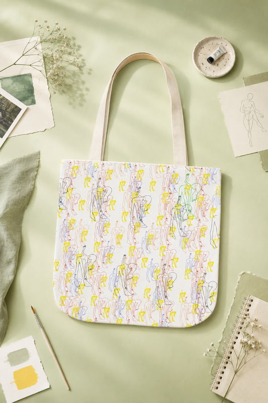 Patsy abstract art tote bag with colorful hand-drawn figure print in pastel green flat lay