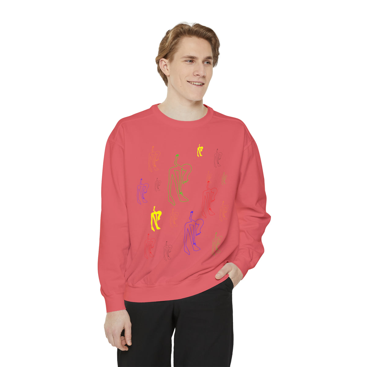 Male model wearing the coral Patsy sweatshirt with colorful original hand-drawn graphic artwork.