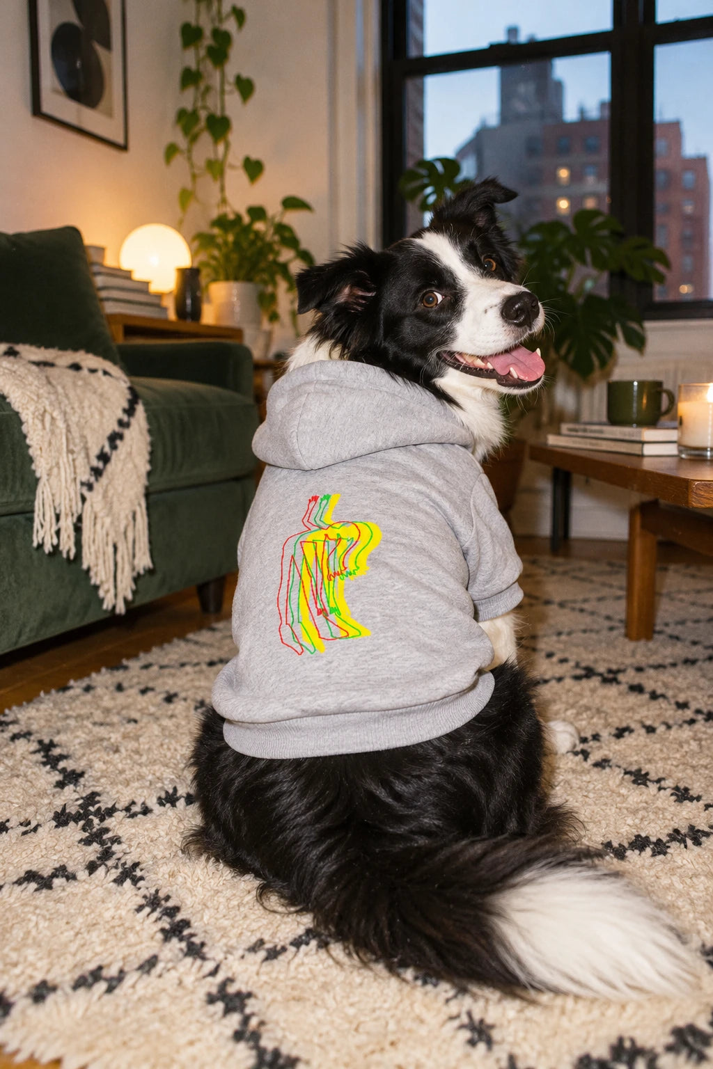 Border Collie wearing gray Patsy graphic pet hoodie in modern apartment lifestyle scene