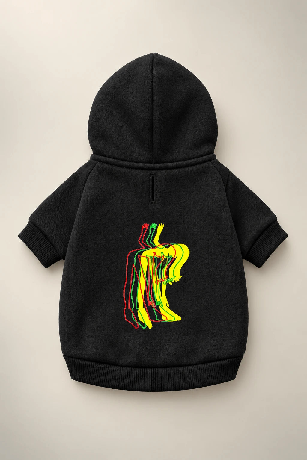 Black pet hoodie back view featuring colorful Patsy graphic artwork