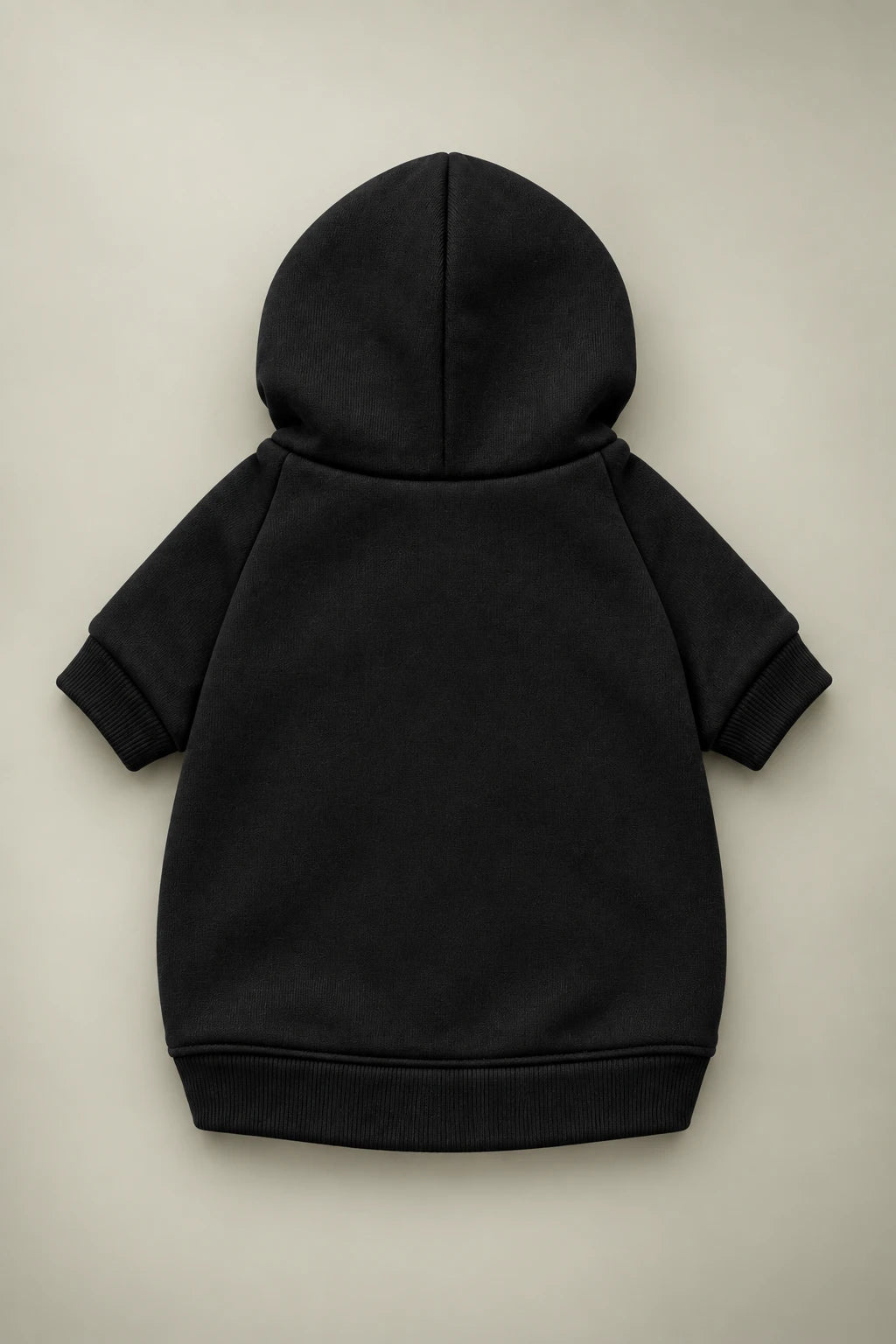 Black pet hoodie front view with plain pullover design and ribbed trim