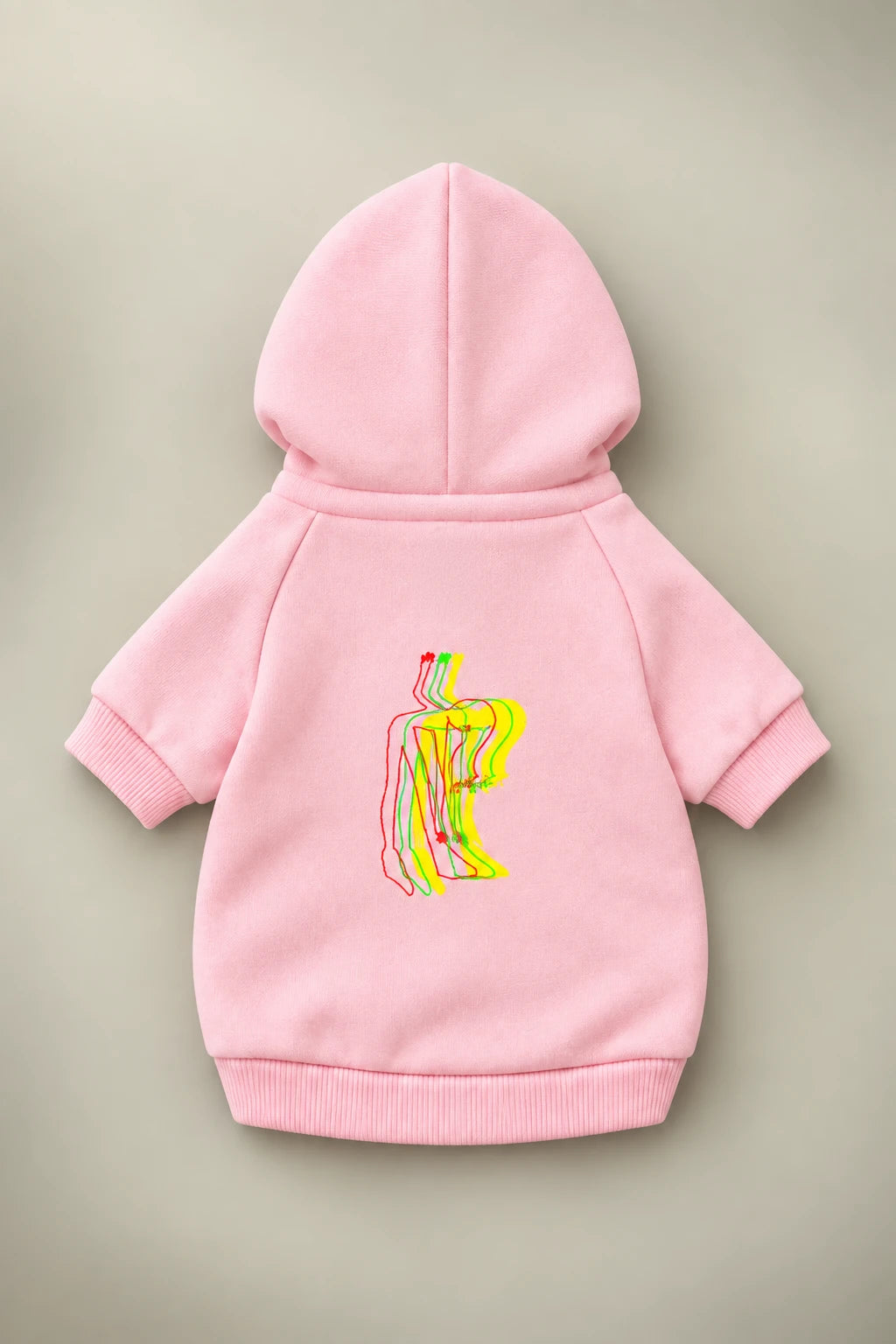 Pink pet hoodie back view featuring colorful Patsy artwork