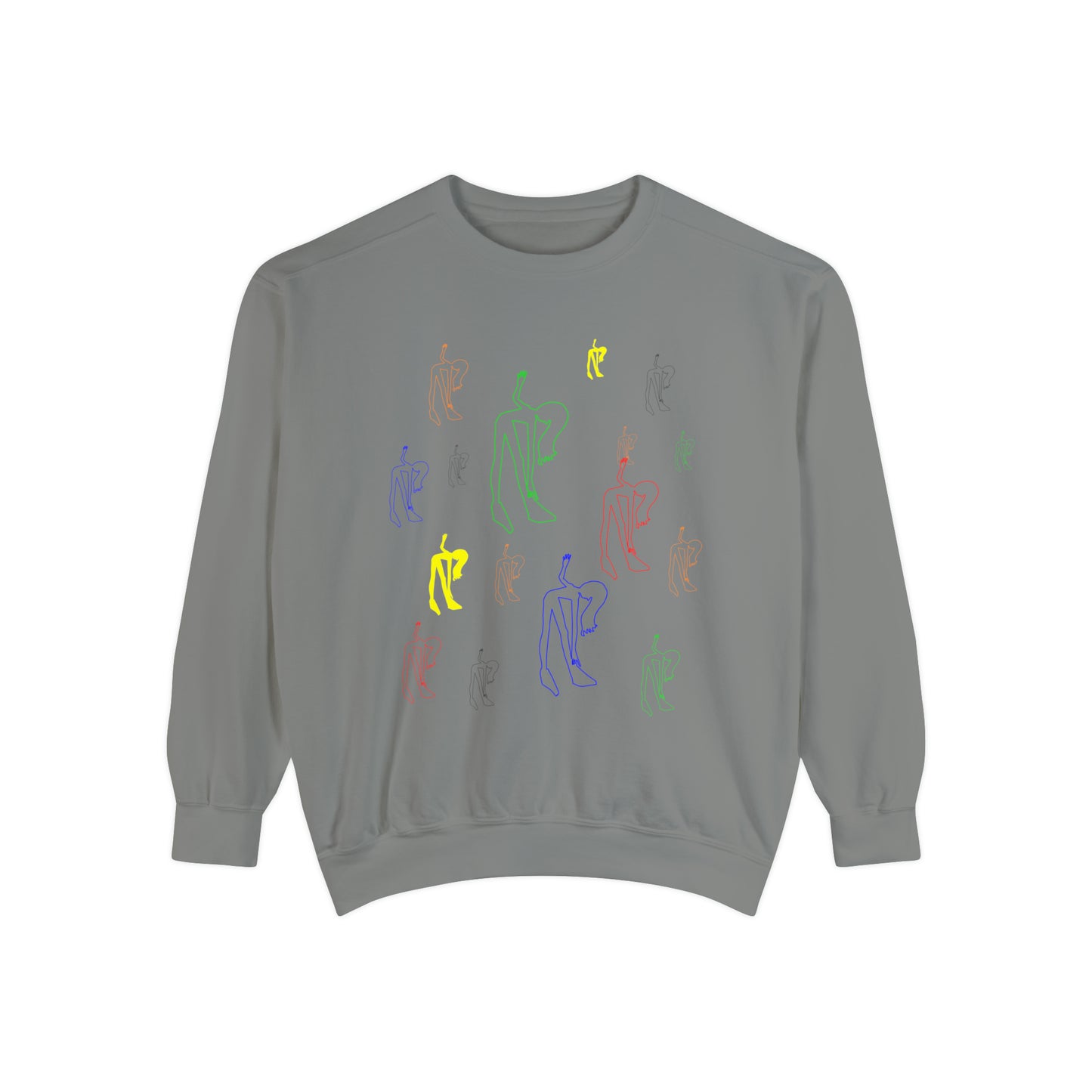Front view of the charcoal Patsy Unisex Sweatshirt featuring original artwork