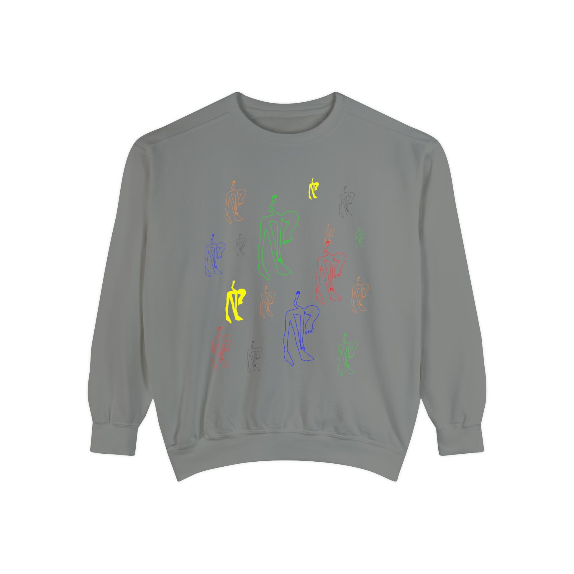 Front view of the charcoal Patsy Unisex Sweatshirt featuring original artwork