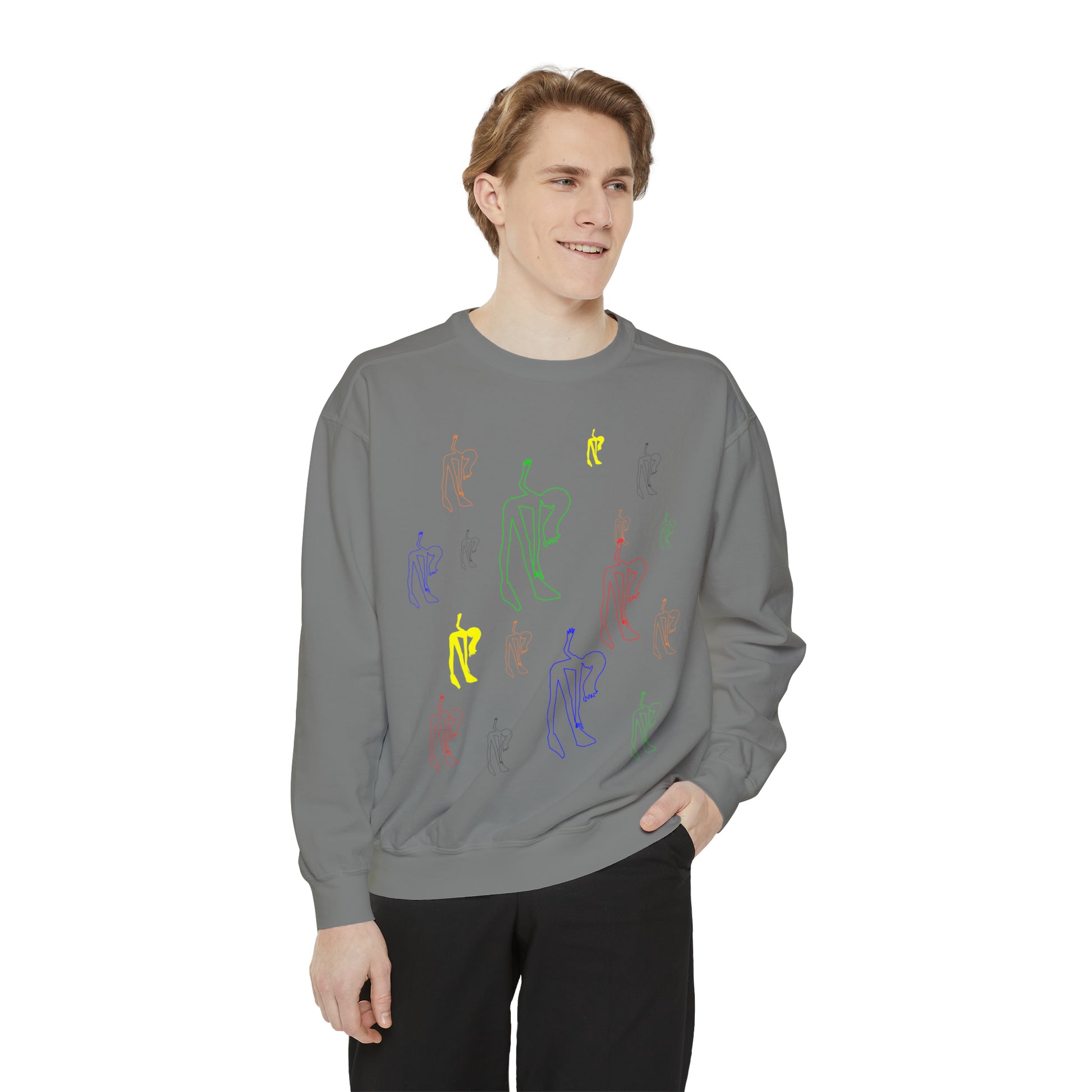Man wearing the charcoal Patsy Unisex Sweatshirt with original graphic artwork