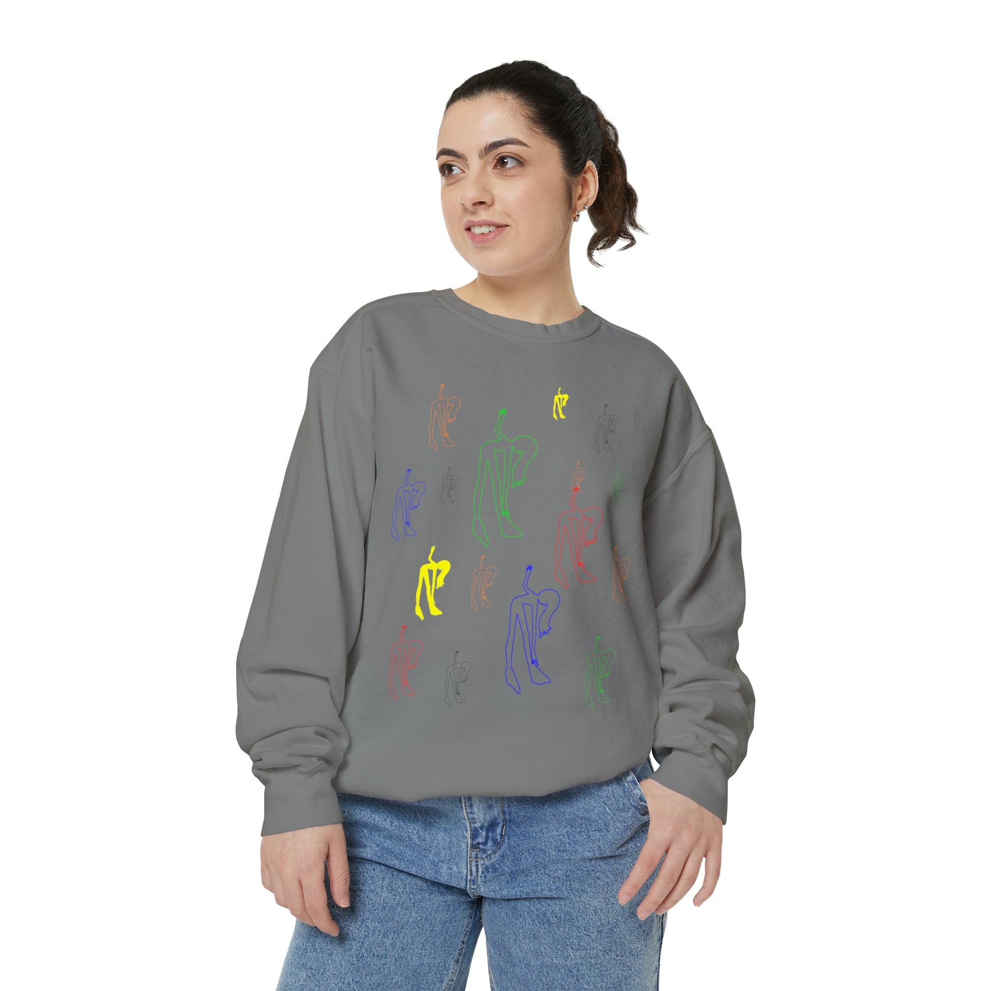 Woman wearing the charcoal Patsy Unisex Graphic Sweatshirt with artistic design