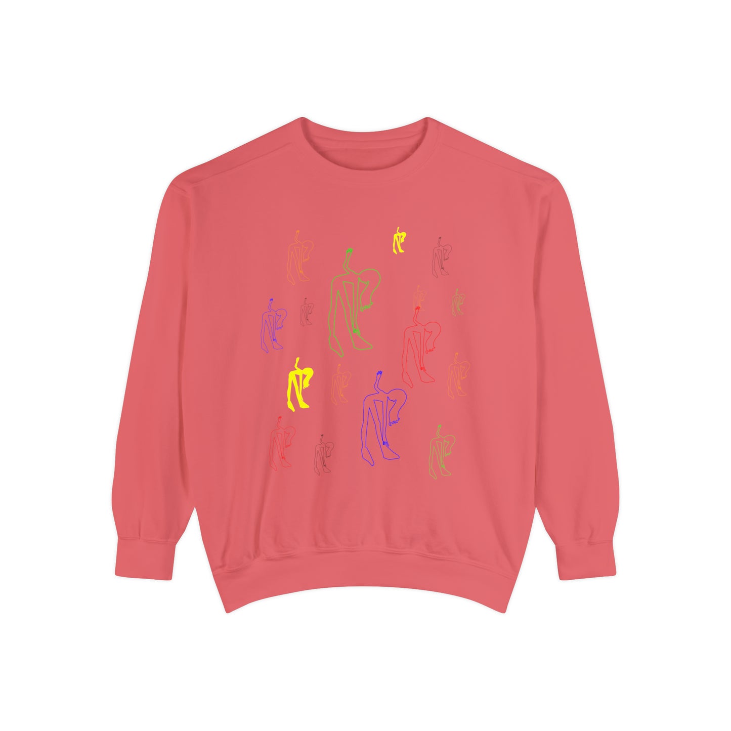 Front view of the coral Patsy Unisex Sweatshirt featuring original artwork