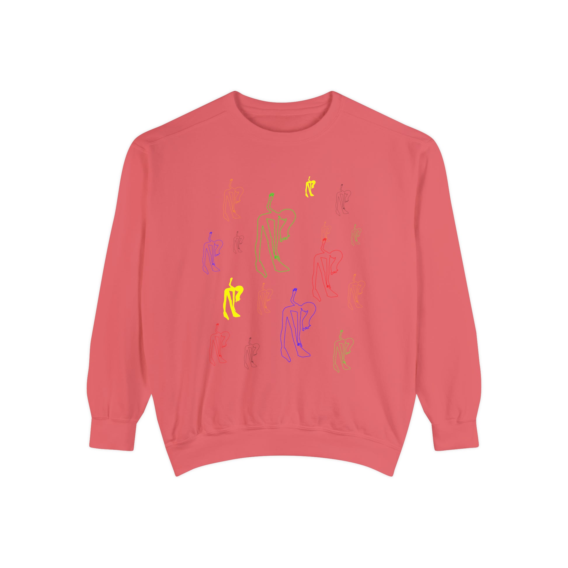 Front view of the coral Patsy Unisex Sweatshirt featuring original artwork