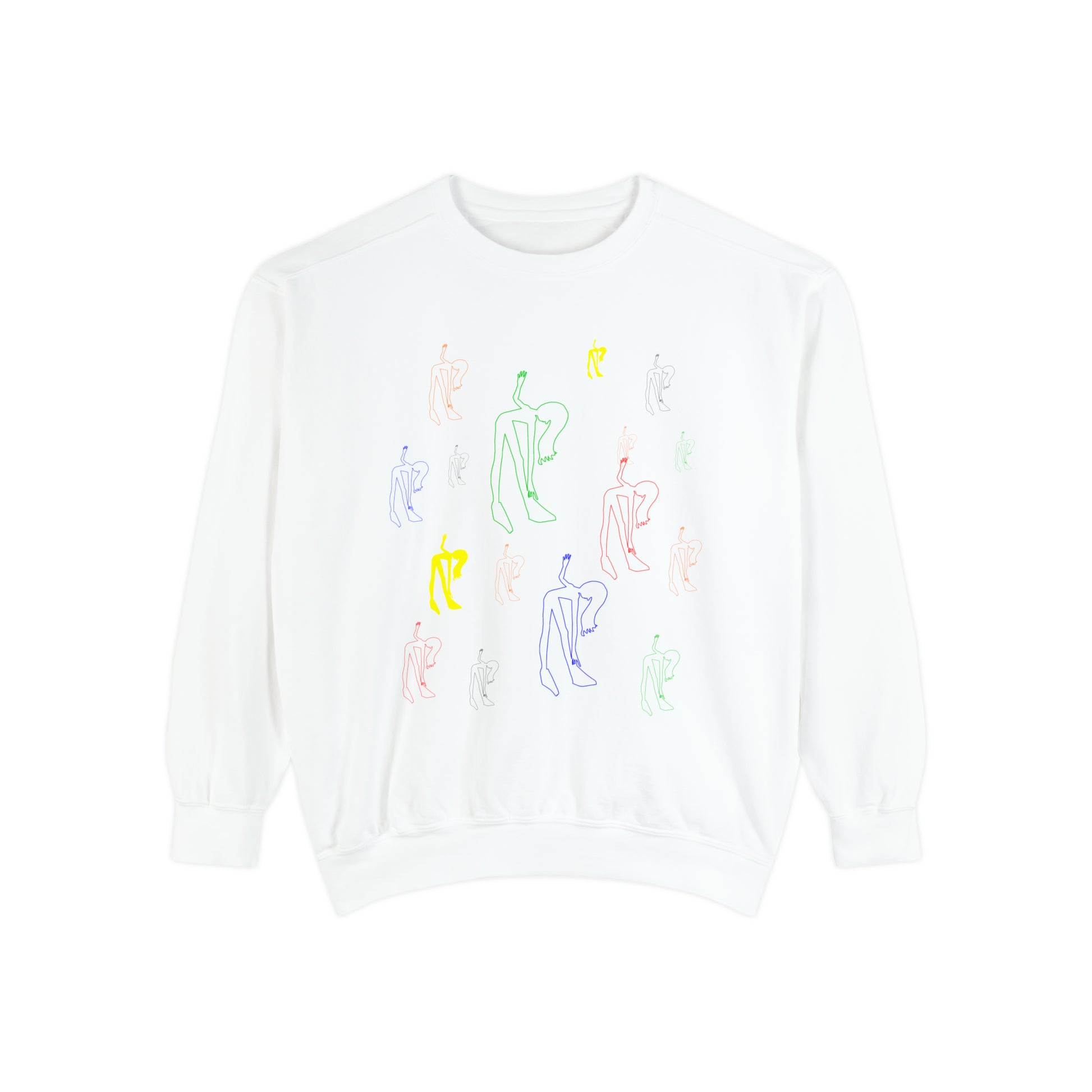 Flat lay of the white Patsy Unisex Sweatshirt with original artwork by @socialtantrum