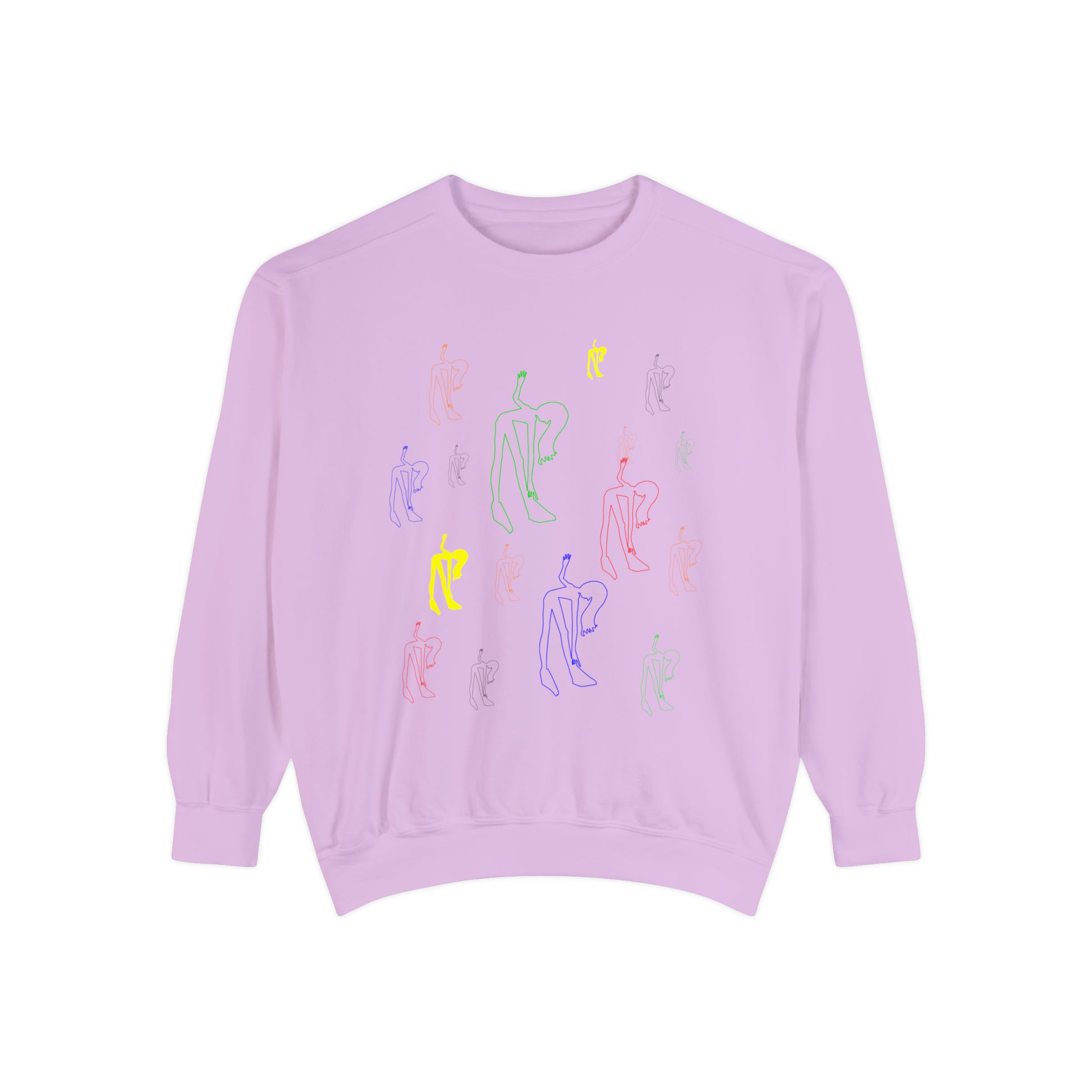 Front view of the lavender Patsy Unisex Sweatshirt featuring original artwork