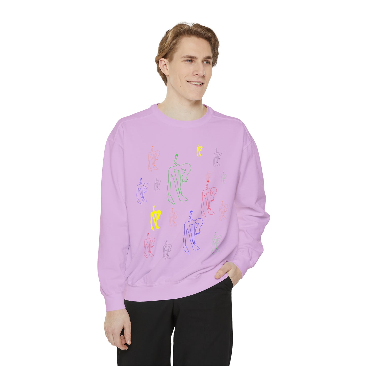 Man wearing the lavender Patsy Unisex Graphic Sweatshirt with original artwork