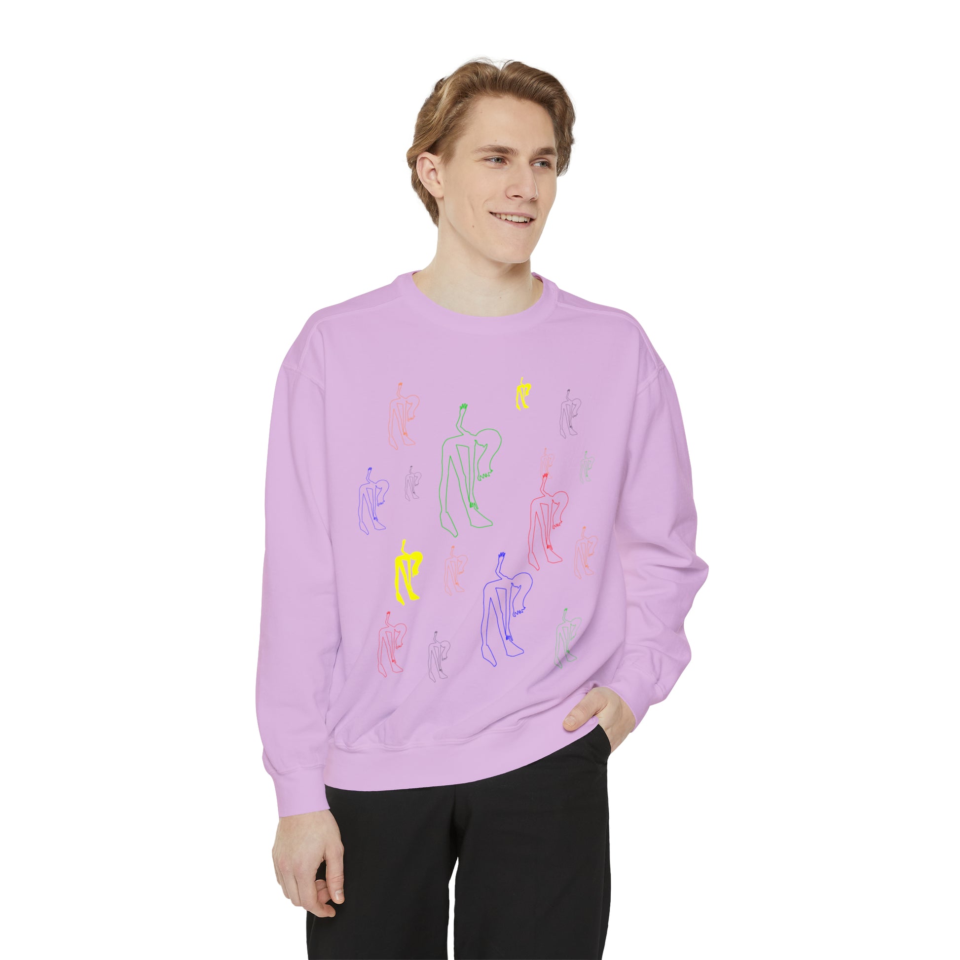 Man wearing the lavender Patsy Unisex Graphic Sweatshirt with original artwork