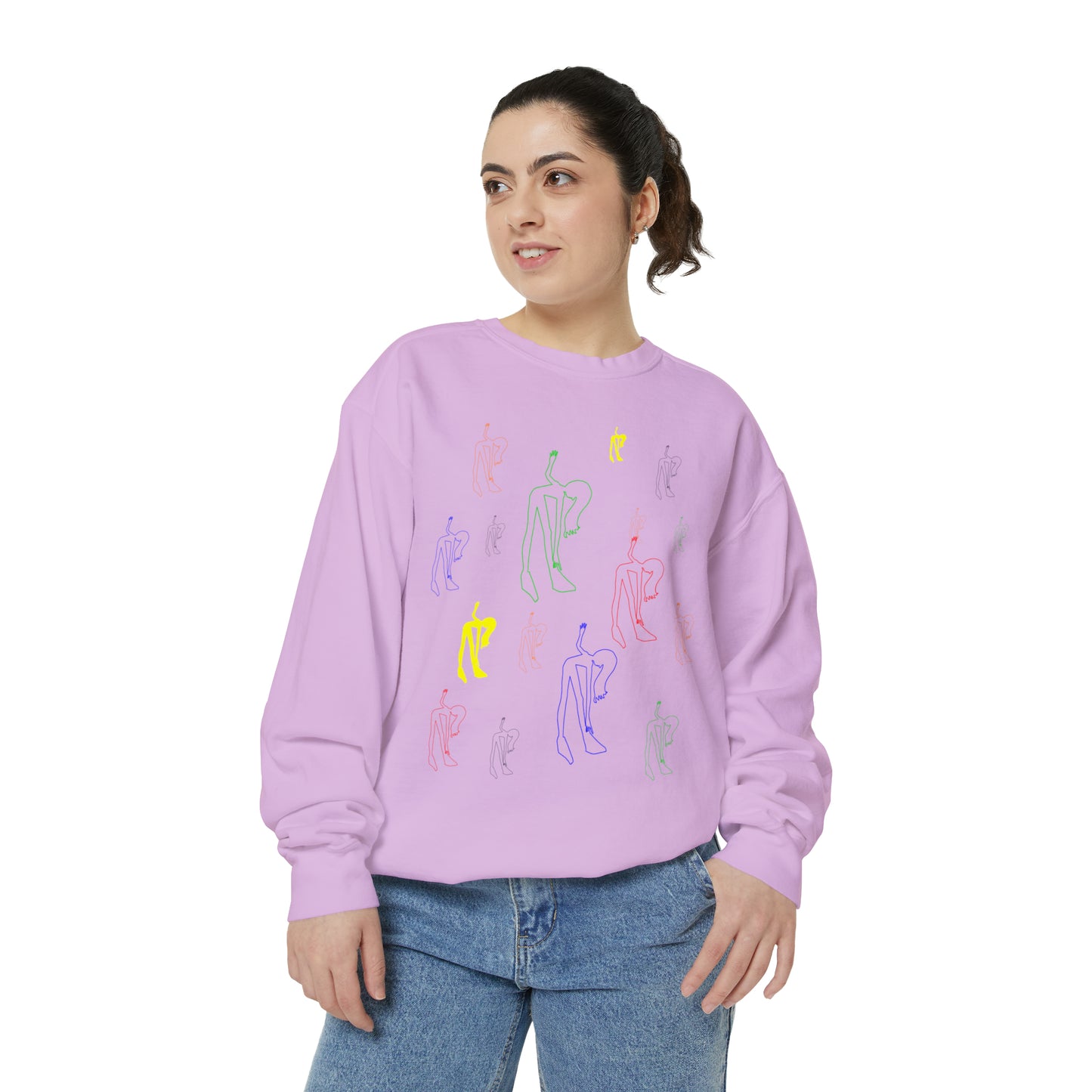 Woman wearing the lavender Patsy Unisex Sweatshirt with artistic graphic design