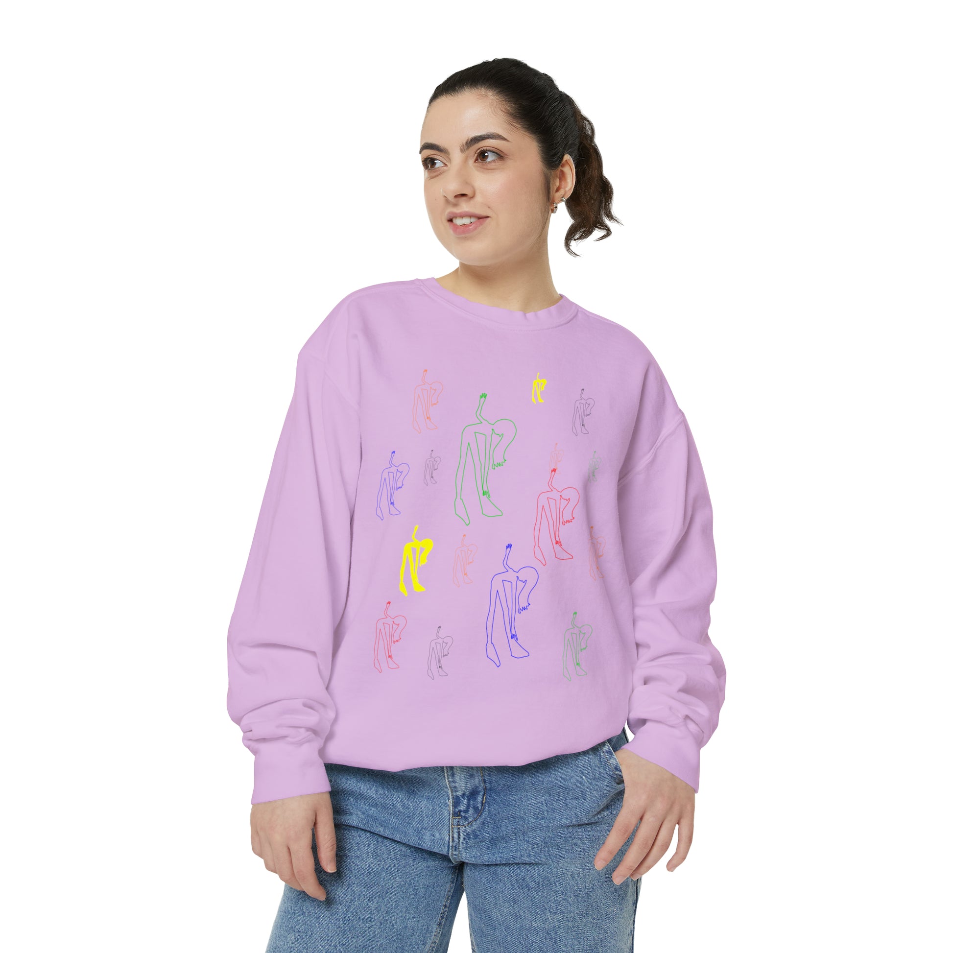 Woman wearing the lavender Patsy Unisex Sweatshirt with artistic graphic design