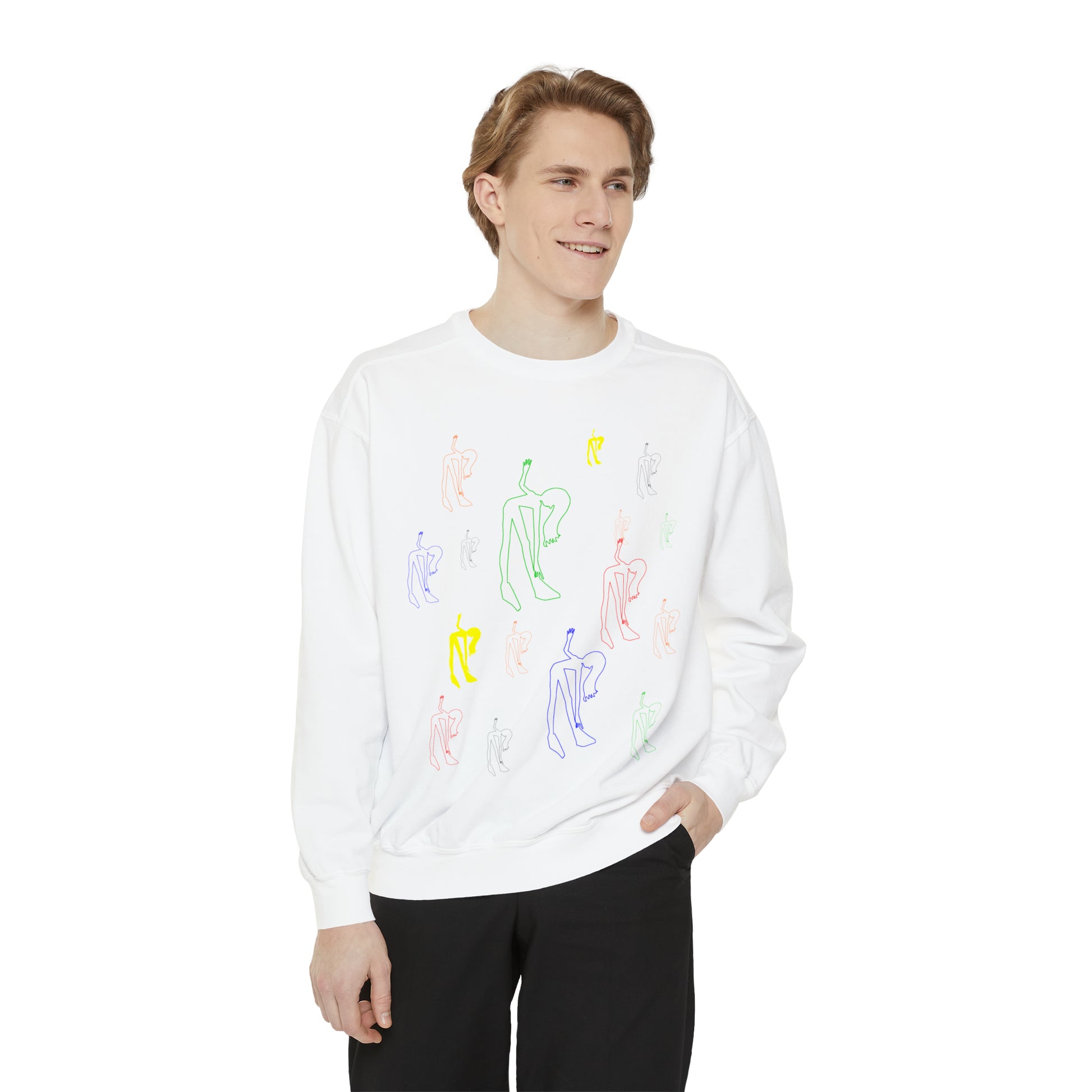 Man wearing the white Patsy Unisex Graphic Sweatshirt with colorful original artwork
