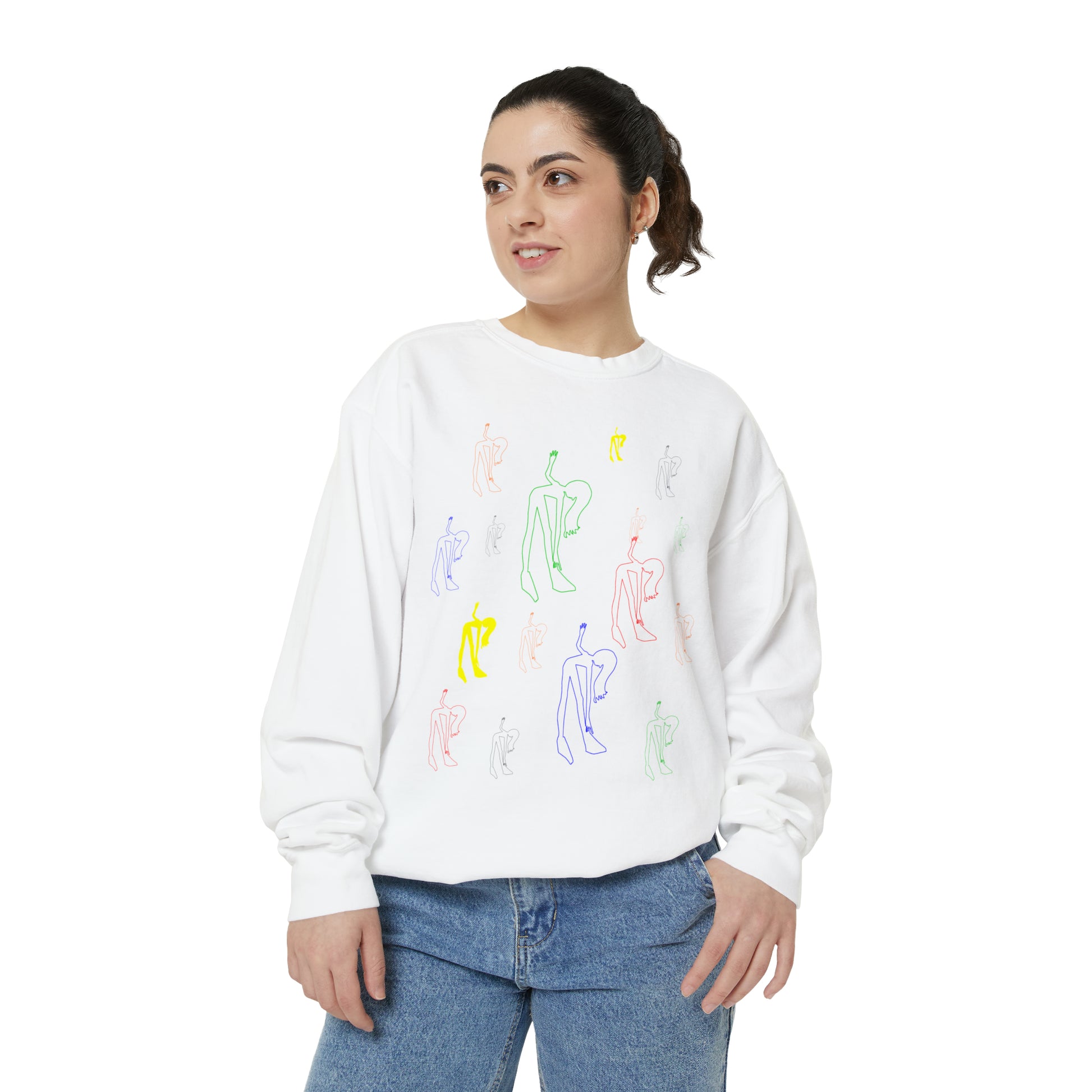 Woman wearing the white Patsy Unisex Sweatshirt with original artistic illustration