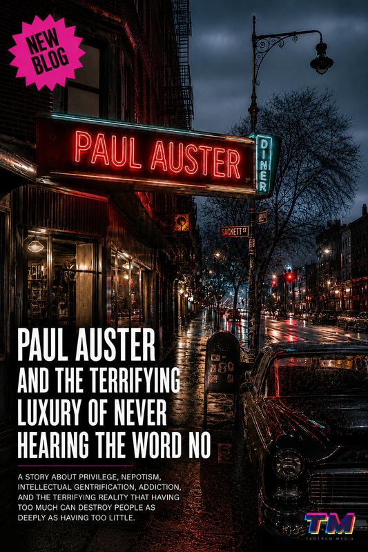 Cinematic rainy Brooklyn street editorial cover featuring a glowing neon diner sign reading “Paul Auster,” wet reflective pavement, vintage car, and bold typography for the blog “Paul Auster and the Terrifying Luxury of Never Hearing the Word No” by Tantrum Media.
