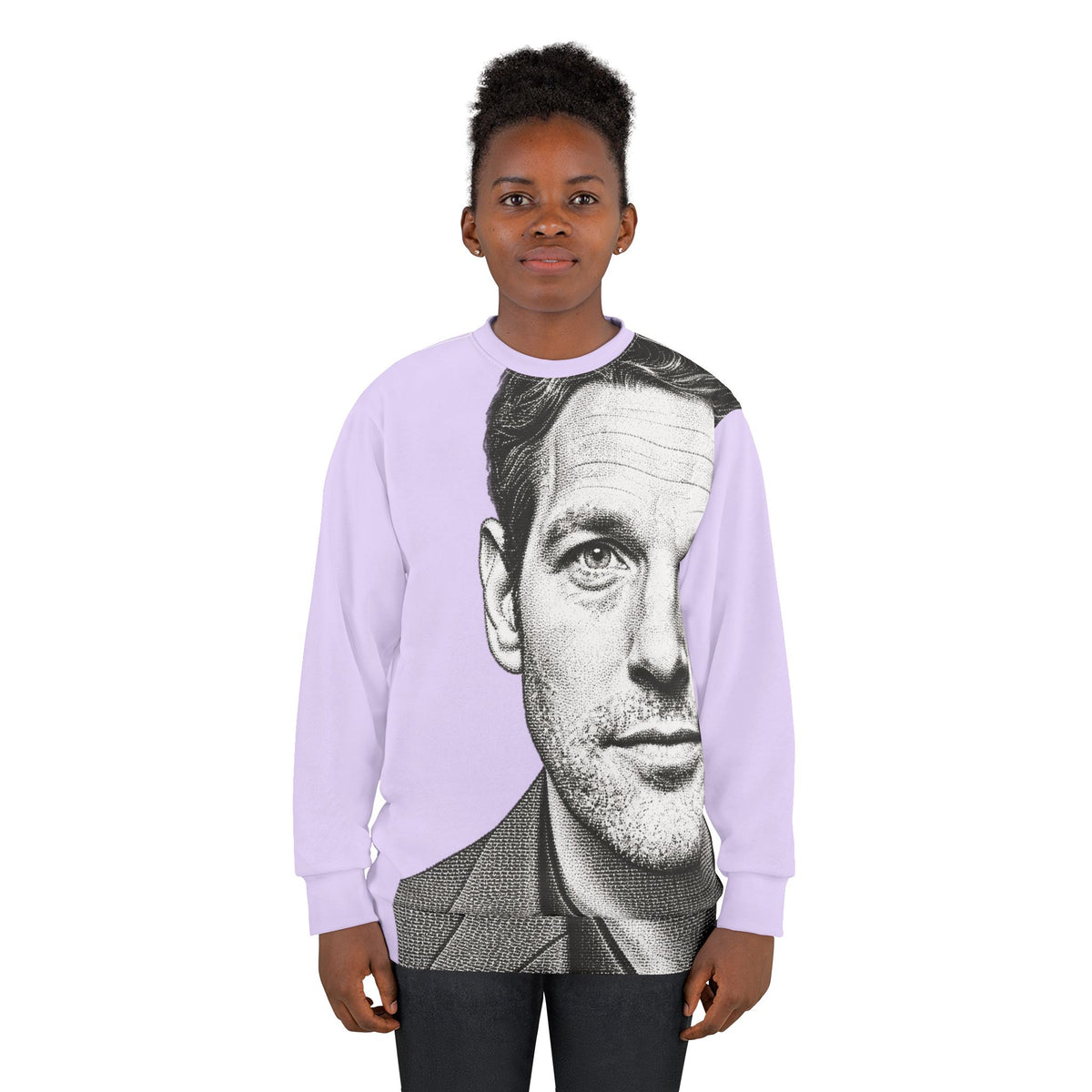 Female model wearing lavender Paul Rudd graphic sweatshirt with black and white portrait