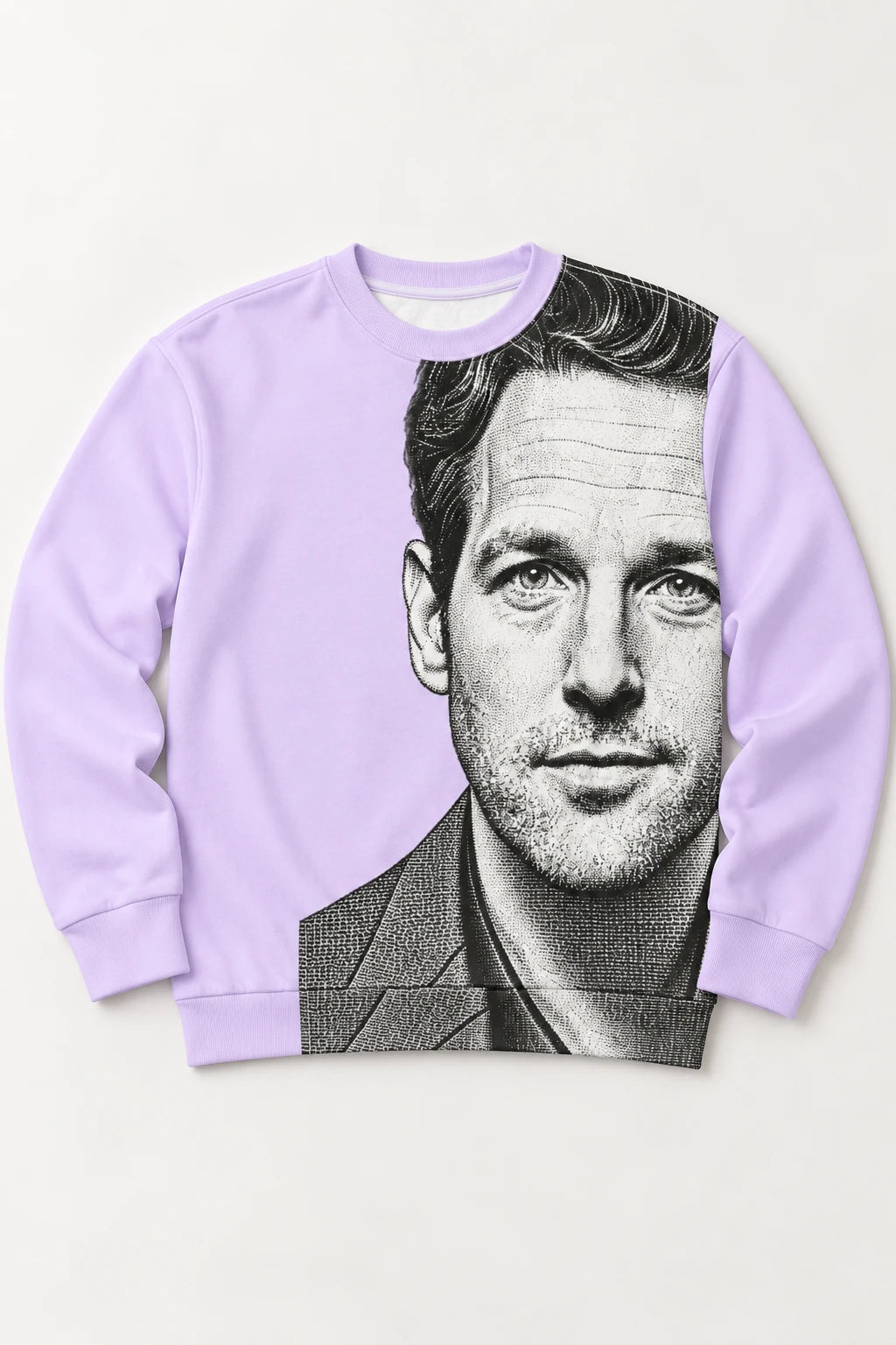 Lavender Paul Rudd graphic sweatshirt with black and white halftone portrait flat lay