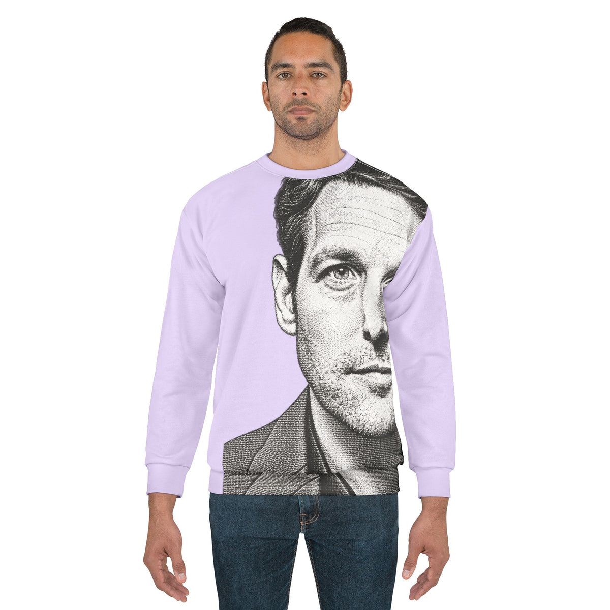 Male model wearing lavender Paul Rudd graphic sweatshirt with halftone portrait
