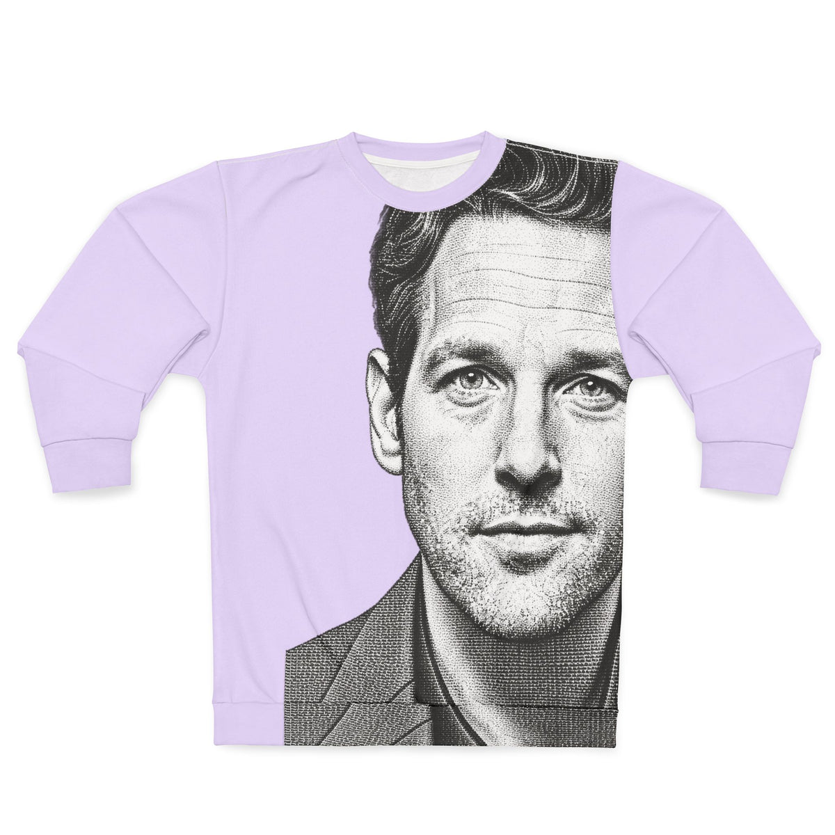 Front view of lavender Paul Rudd sweatshirt with large black and white portrait graphic