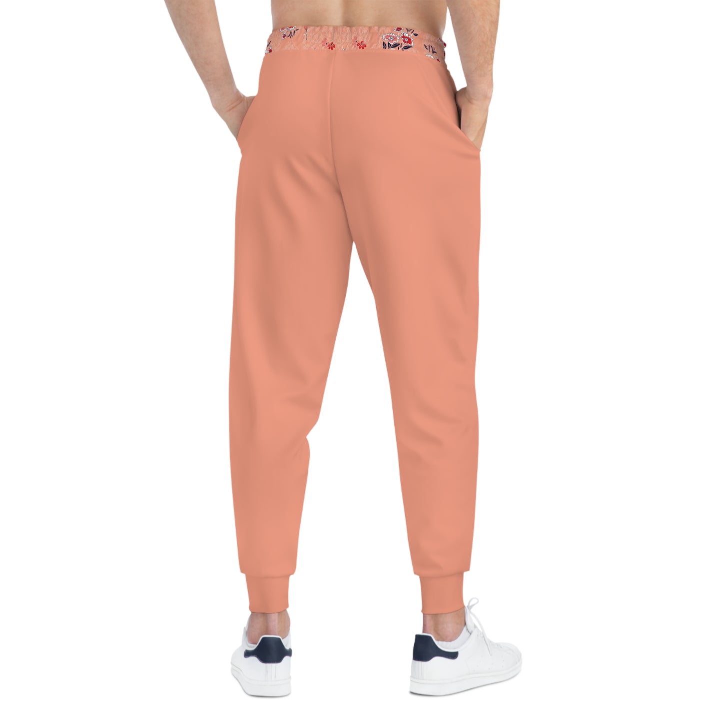 Rear view of peach floral joggers with relaxed loungewear silhouette