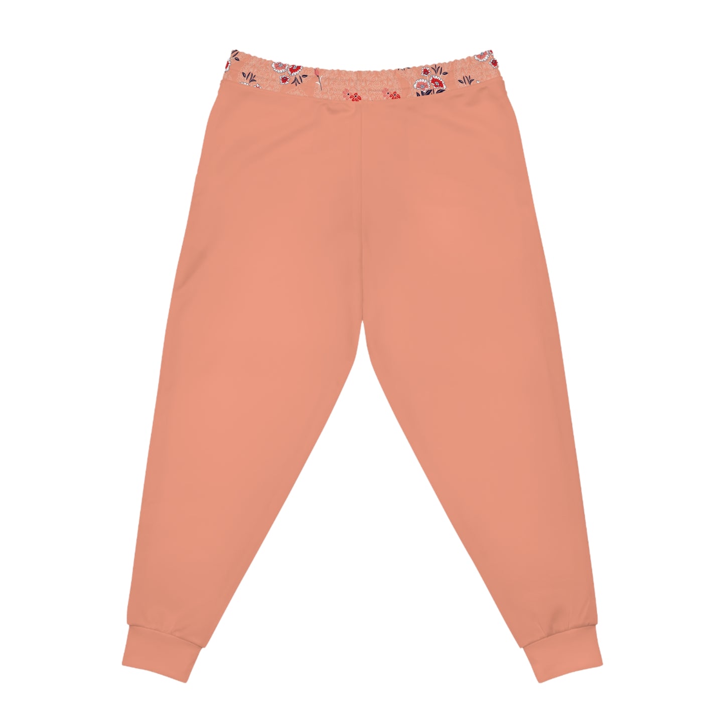 Back view of soft peach floral joggers with relaxed unisex fit