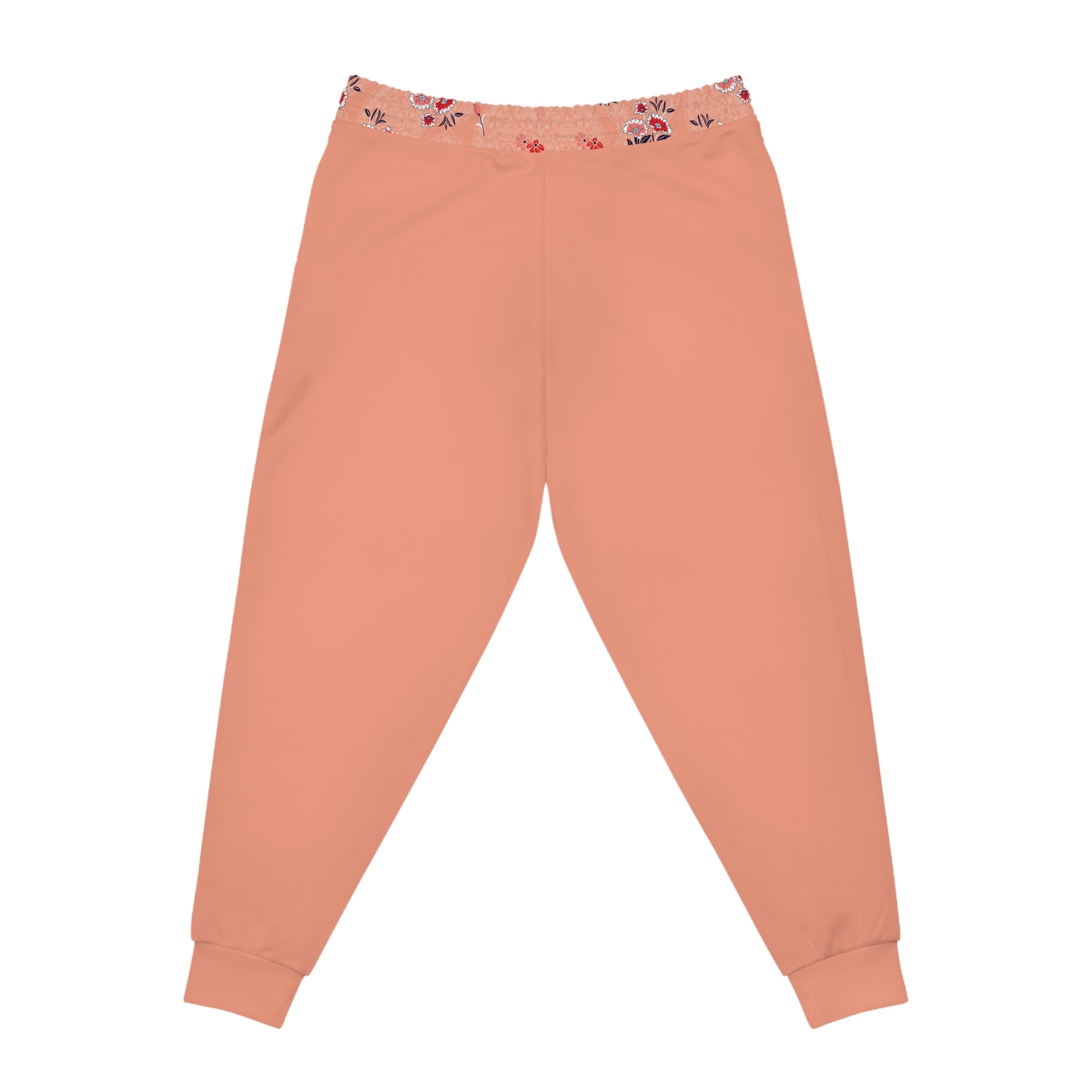 Back view of soft peach floral joggers with relaxed unisex fit