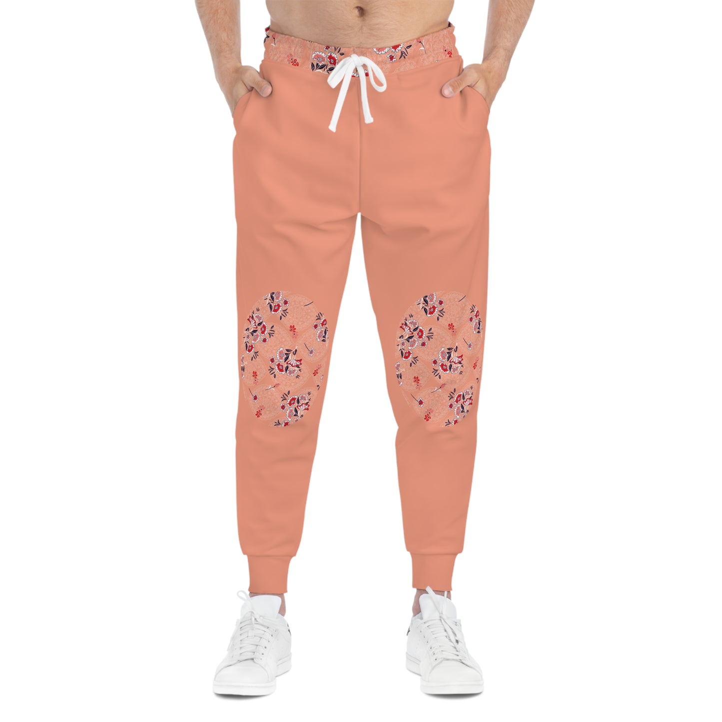 Unisex peach floral joggers with lightweight polyester blend fabric