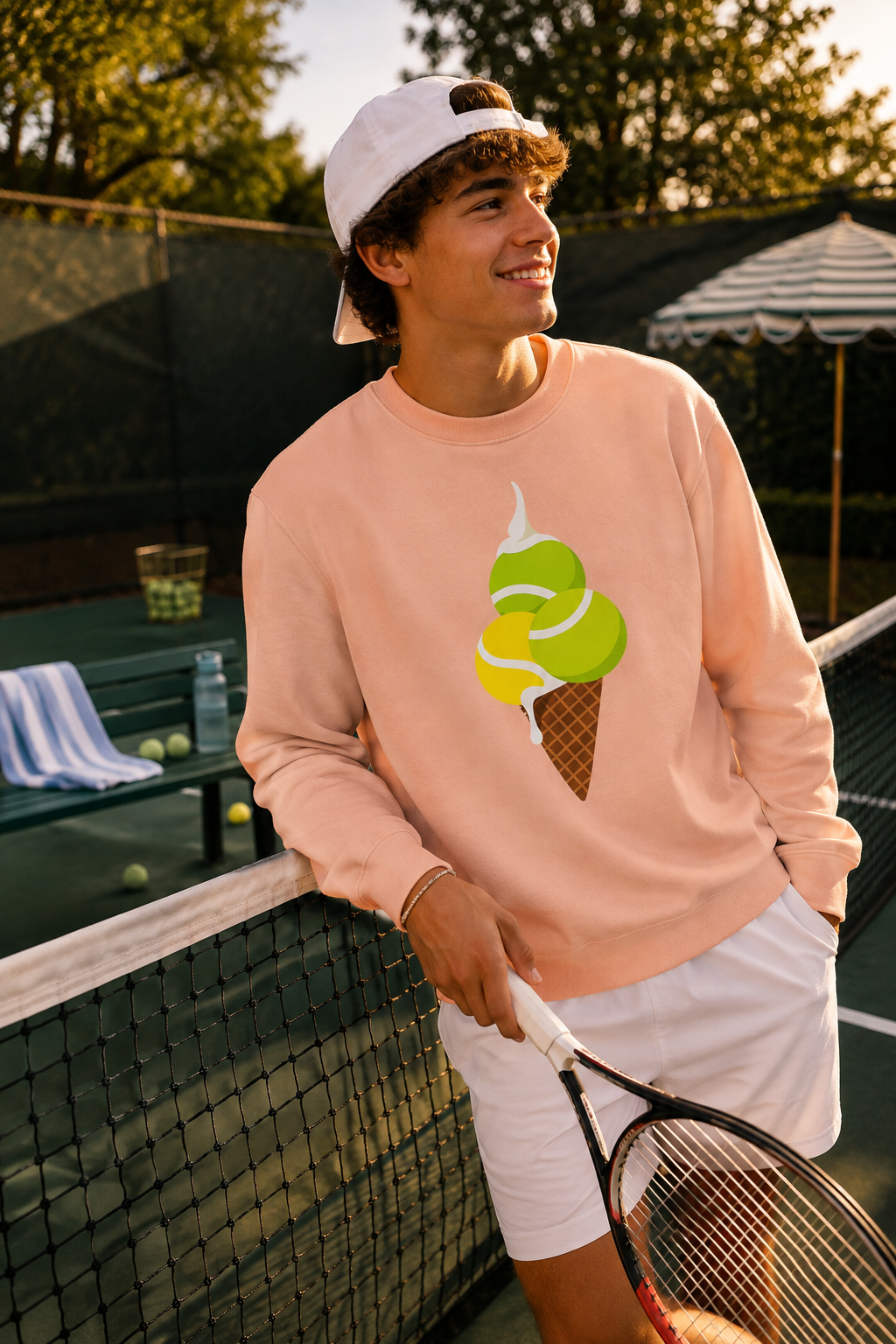 Man wearing peach tennis sweatshirt with tennis ball ice cream graphic beside a tennis court