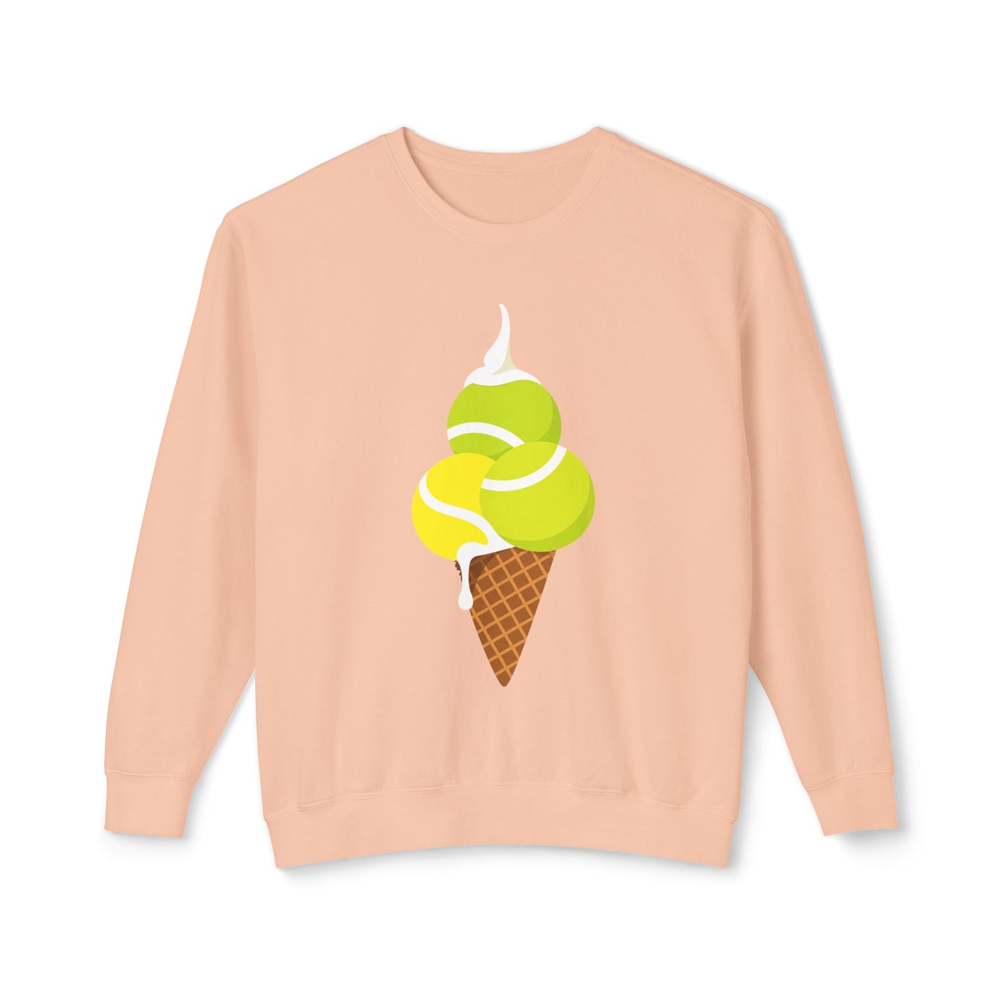 Peach tennis sweatshirt with tennis ball ice cream graphic on the front