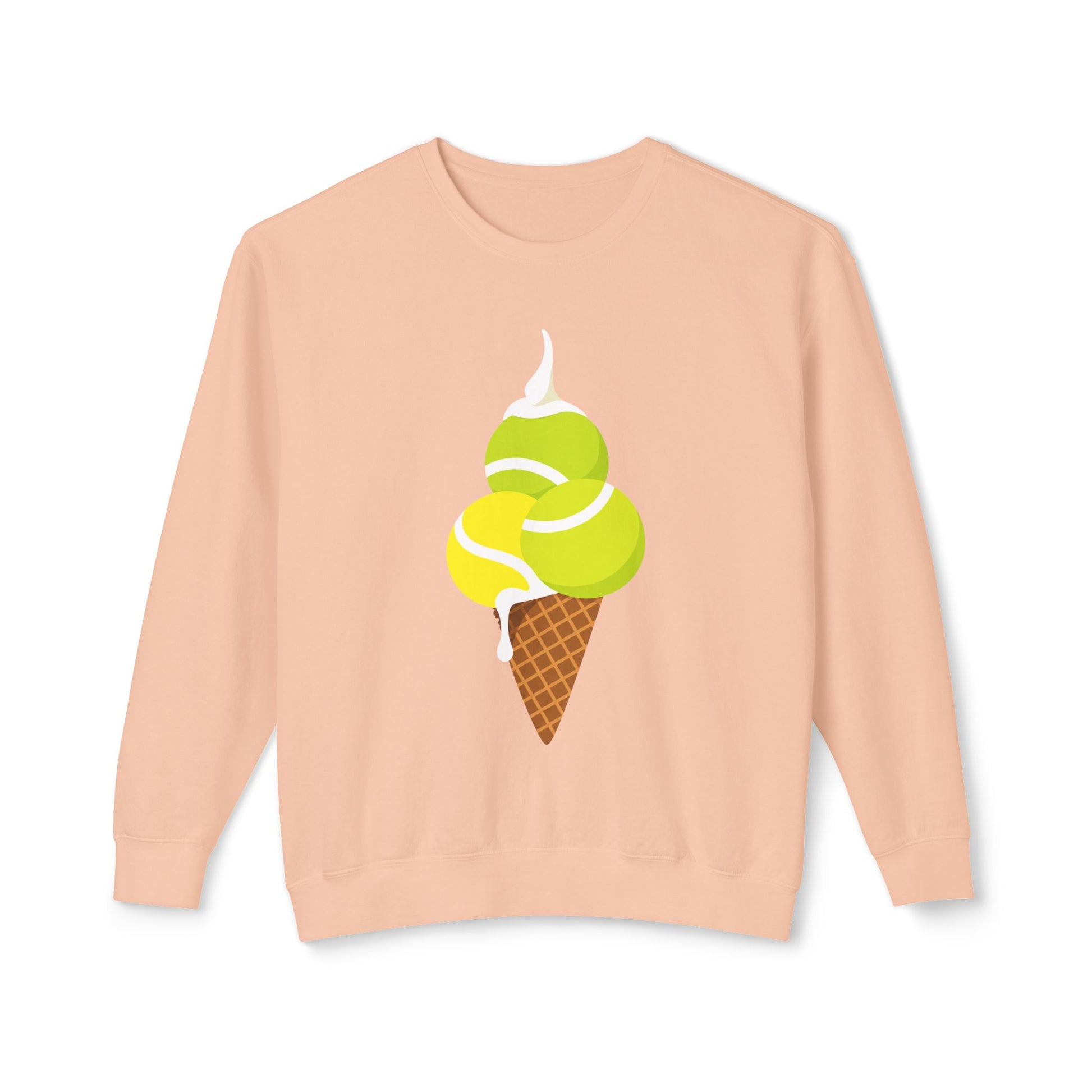 Peach tennis sweatshirt with tennis ball ice cream graphic on the front