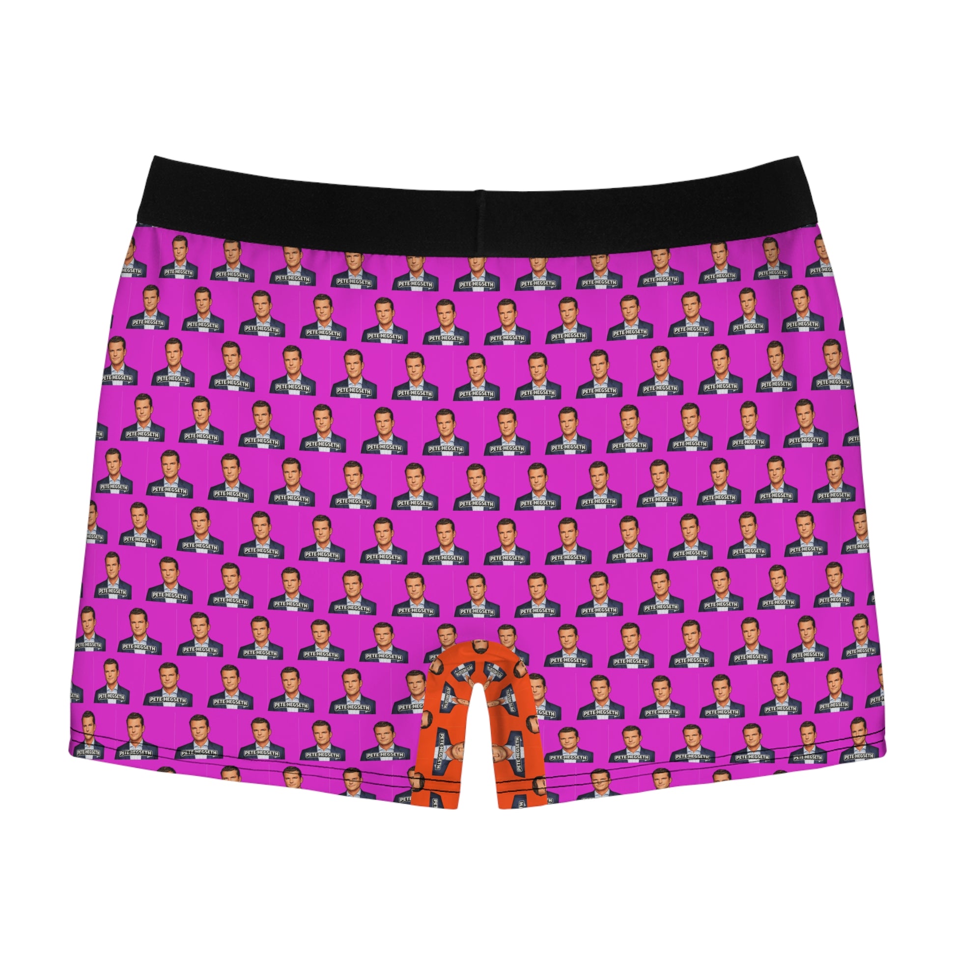 Back view of Pete Hegseth men's boxer briefs featuring an all-over portrait print on a vibrant purple background.