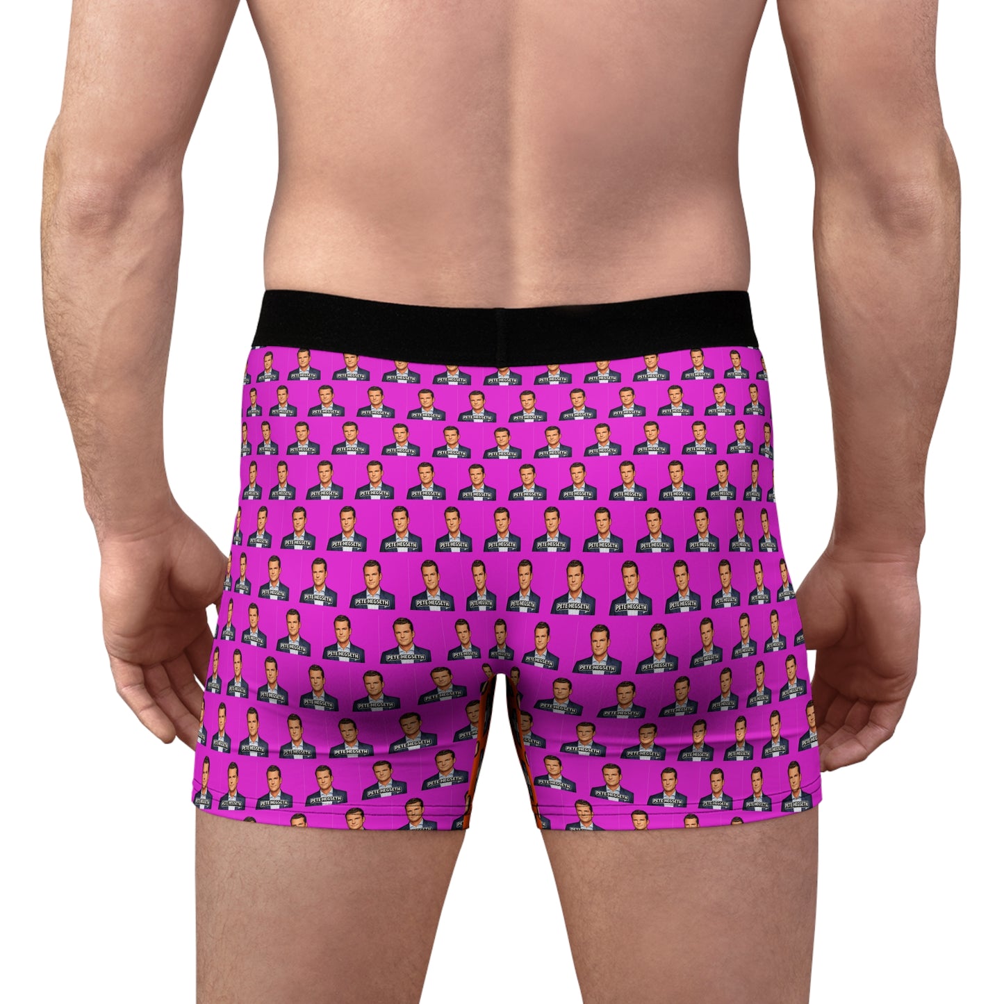 Rear view of male model wearing Pete Hegseth men's boxer briefs featuring an all-over portrait print.